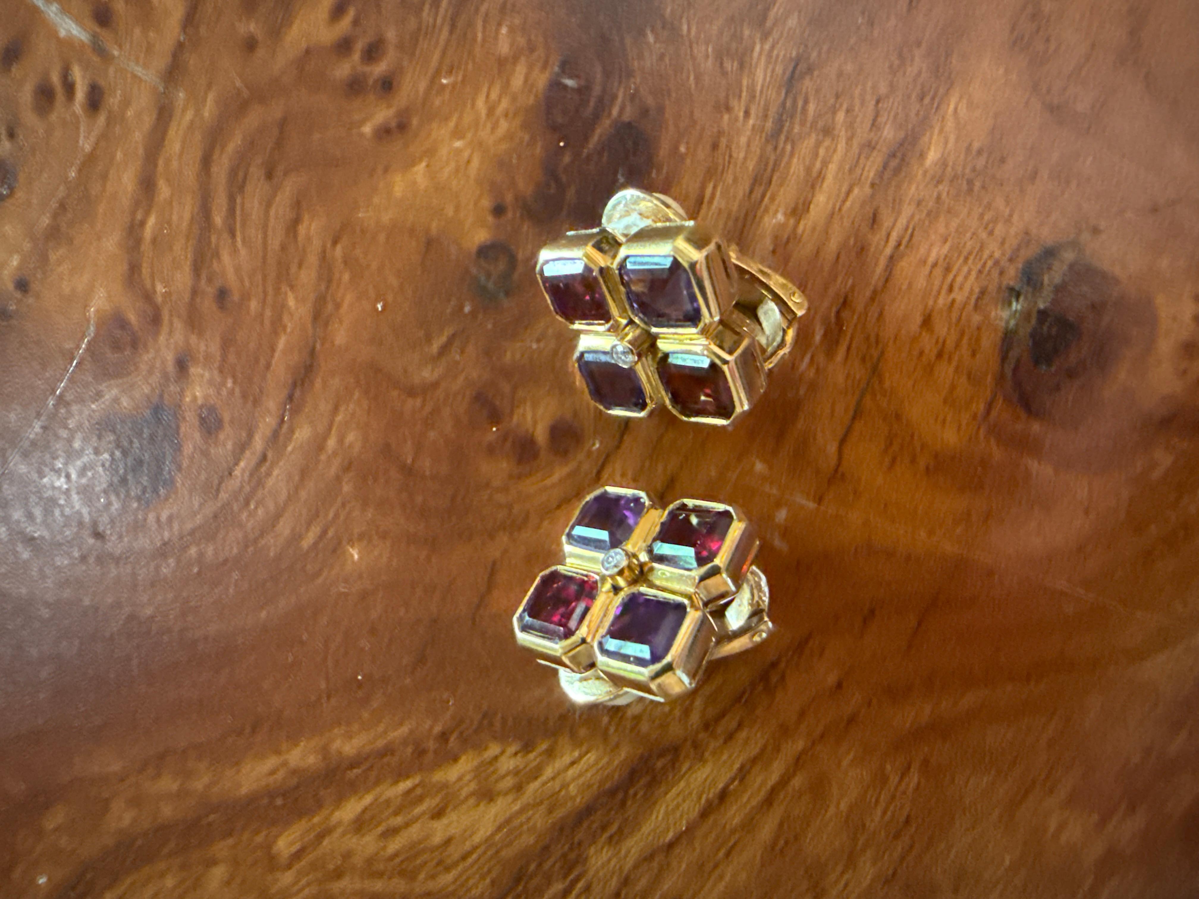 BVLGARI ITALY 18k Yellow Gold, Diamond, Tourmaline & Amethyst Earrings 1970s In Excellent Condition In Beverly Hills, CA