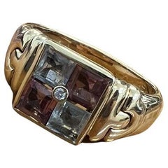 BVLGARI ITALIE Bague vintage en or jaune 18 carats, diamant, tourmaline et aigue-marine