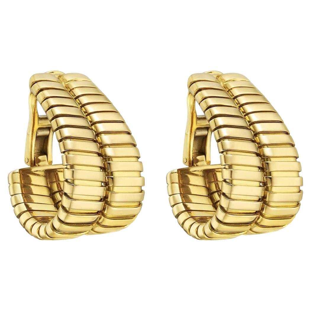 BVLGARI ITALY 18k Yellow Gold Double Tubogas Hoop Earrings Circa 1980s Vintage