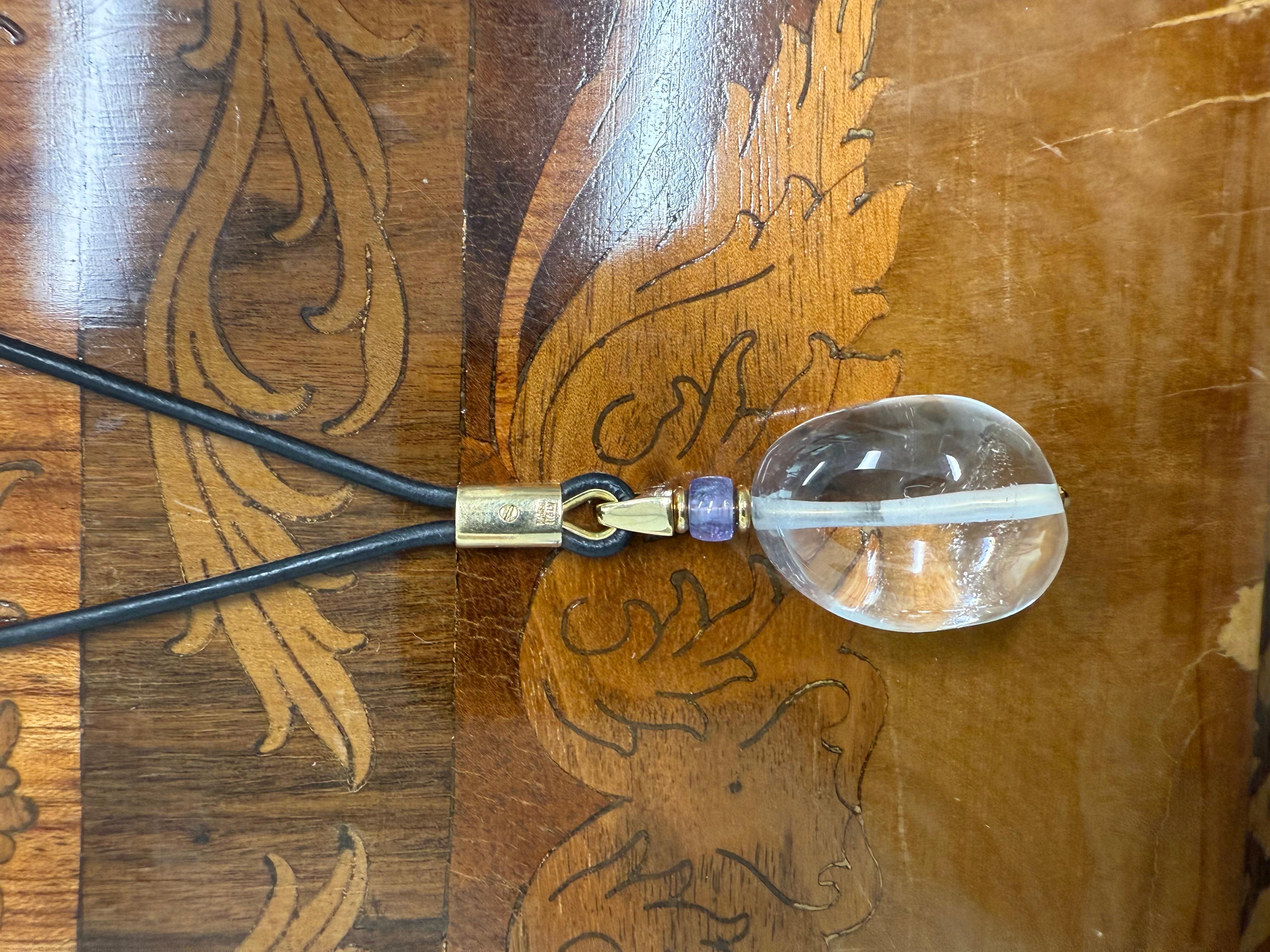 BVLGARI ITALY Collier en or jaune 18k, cuir, améthyste et cristal de roche 1980 Excellent état - En vente à Beverly Hills, CA