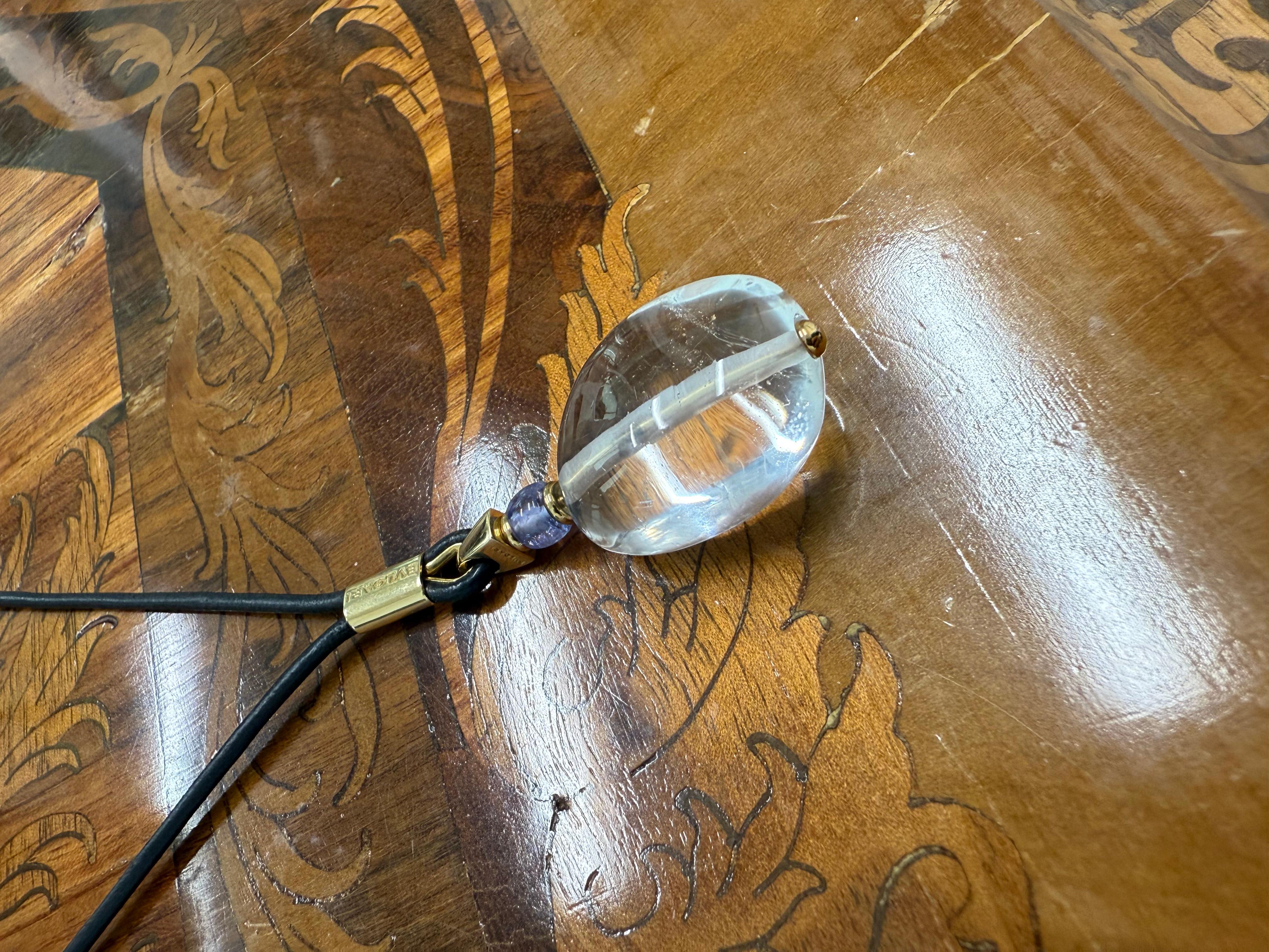 BVLGARI ITALY Collier en or jaune 18k, cuir, améthyste et cristal de roche 1980 en vente 1