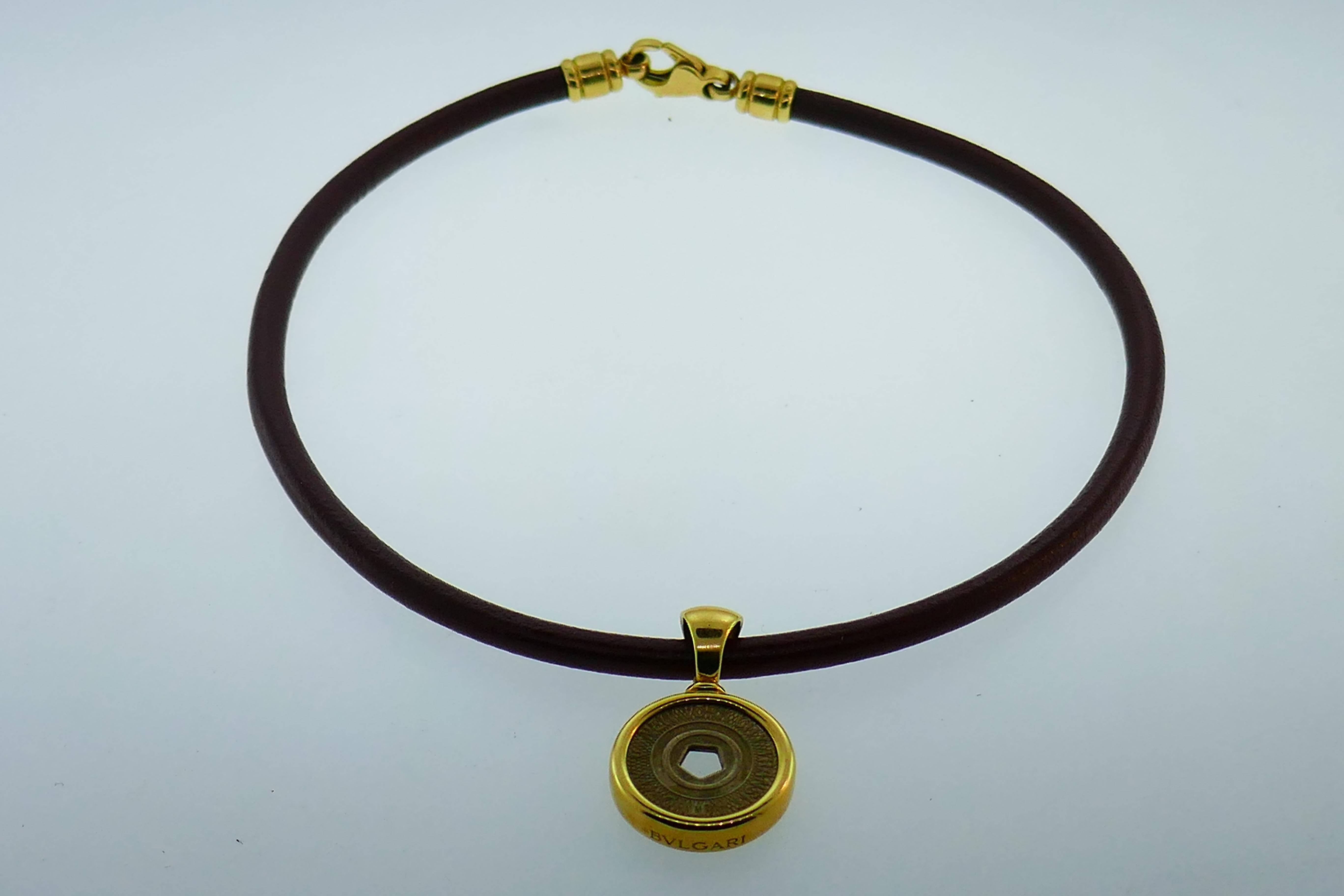 Women's or Men's Bvlgari Italy 18 Karat Gold, Leather and New York Subway Token Necklace Rare