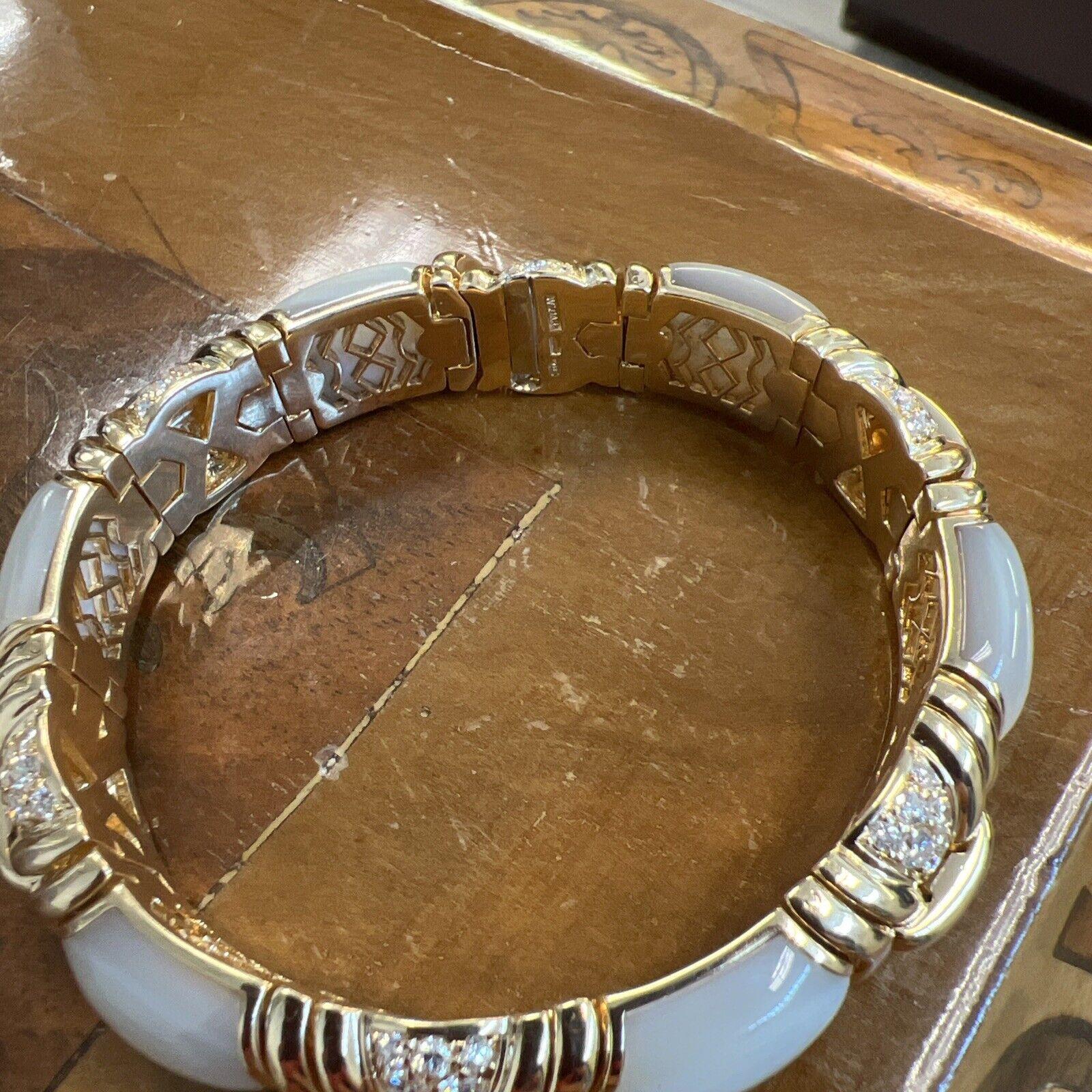 Round Cut BVLGARI ITALY 18k Yellow Gold, Mother of Pearl & Diamond Bangle Bracelet