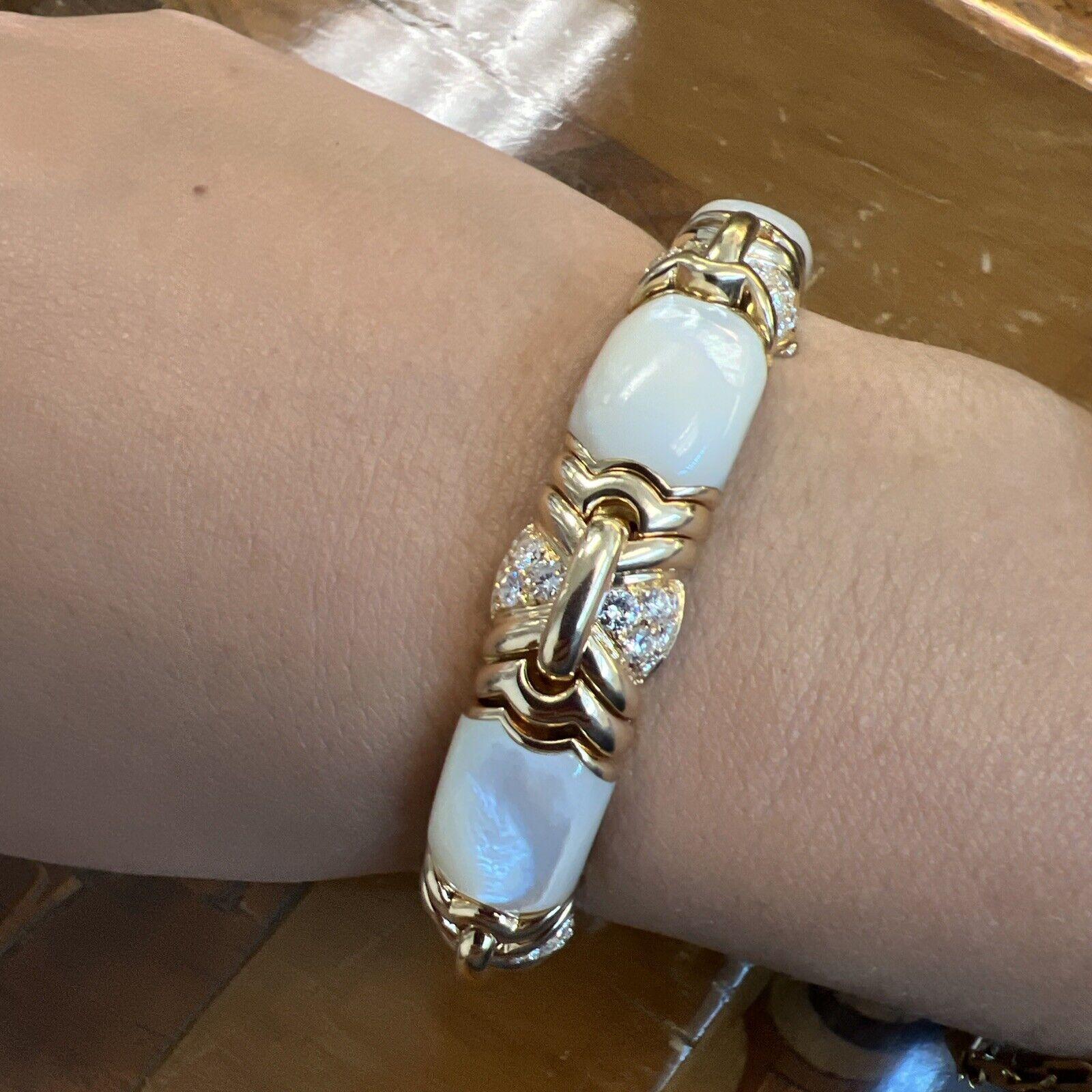 BVLGARI ITALY 18k Yellow Gold, Mother of Pearl & Diamond Bangle Bracelet In Excellent Condition In Beverly Hills, CA
