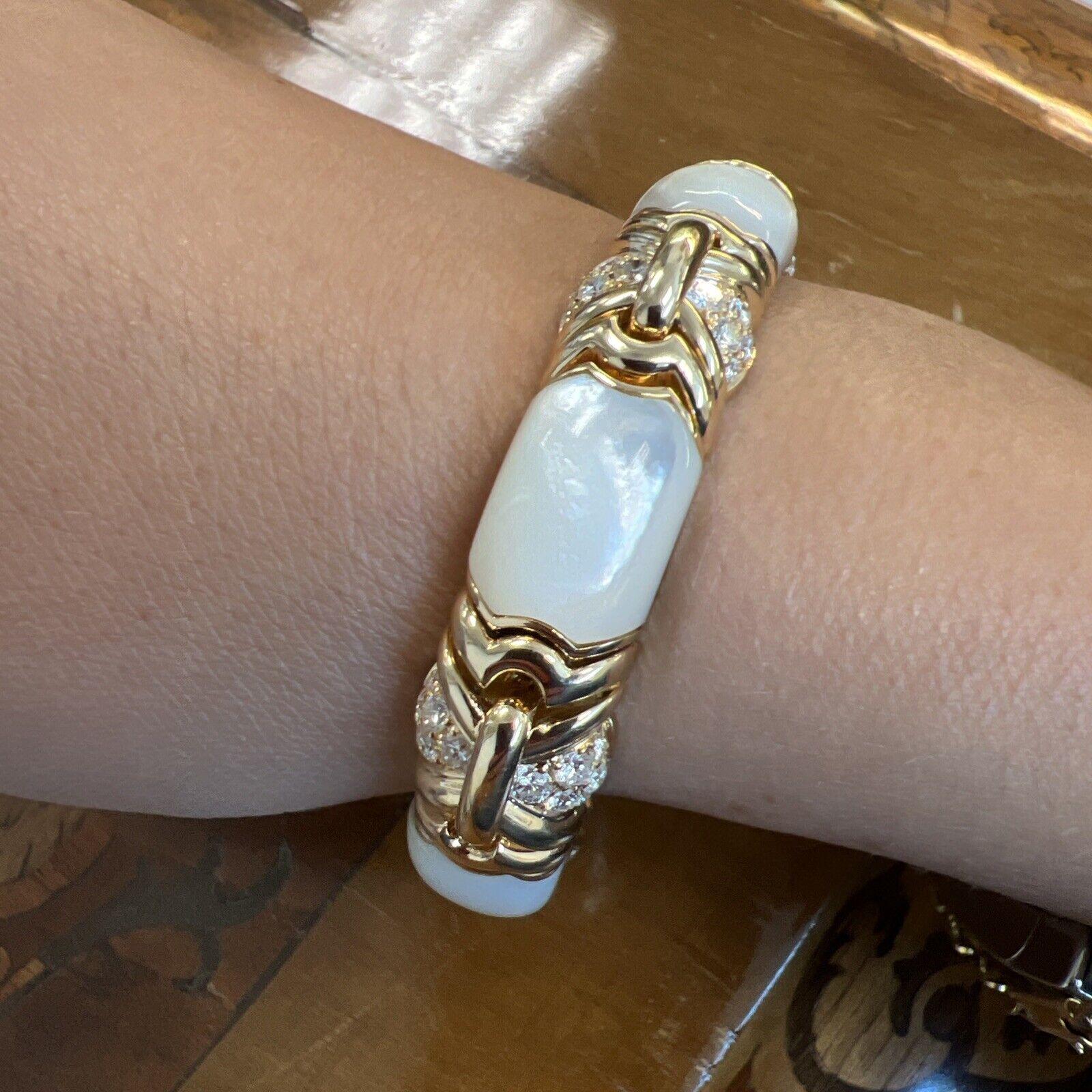 Women's or Men's BVLGARI ITALY 18k Yellow Gold, Mother of Pearl & Diamond Bangle Bracelet