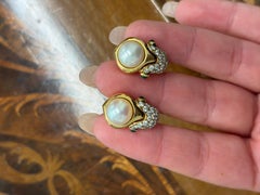 BVLGARI ITALY 18k Yellow Gold, Pearl, Diamond & Cabochon Emerald Earrings 1980s