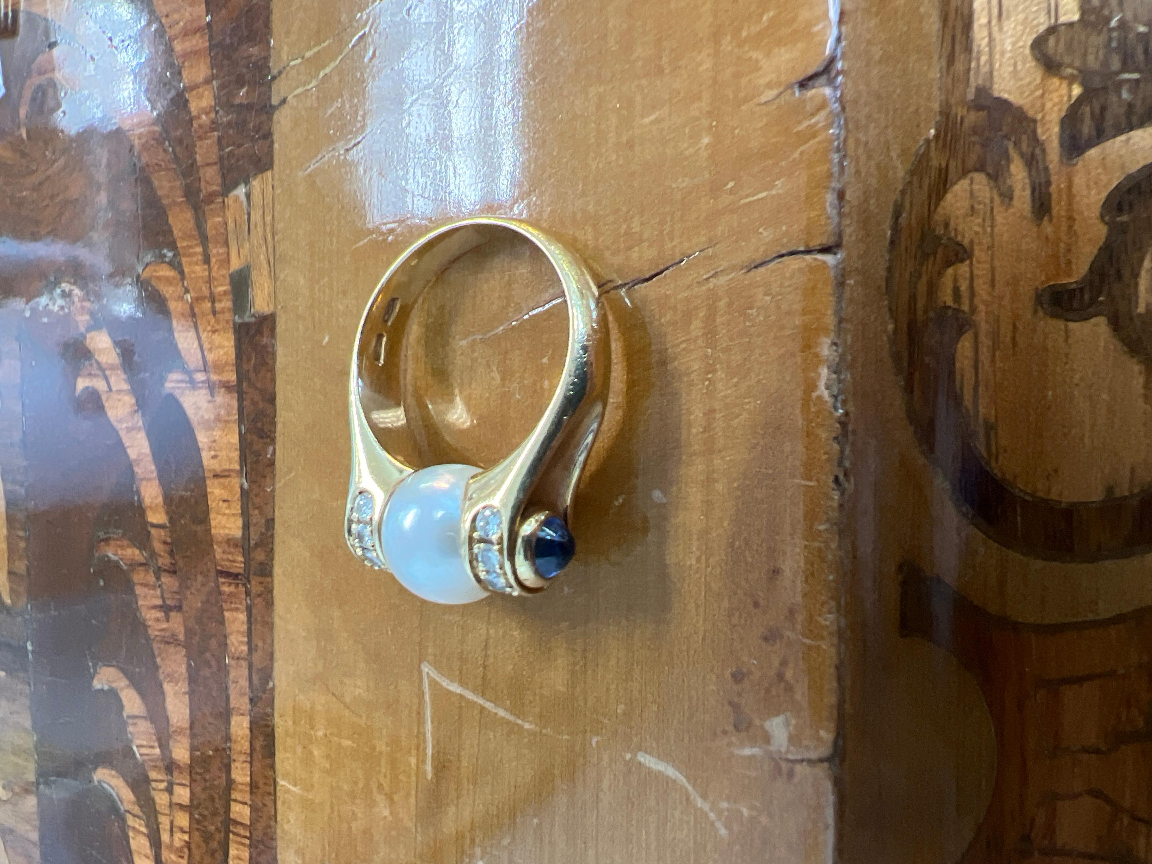 Round Cut BVLGARI ITALY 18k Yellow Gold, Pearl, Diamond, Ruby & Sapphire Cocktail Ring For Sale