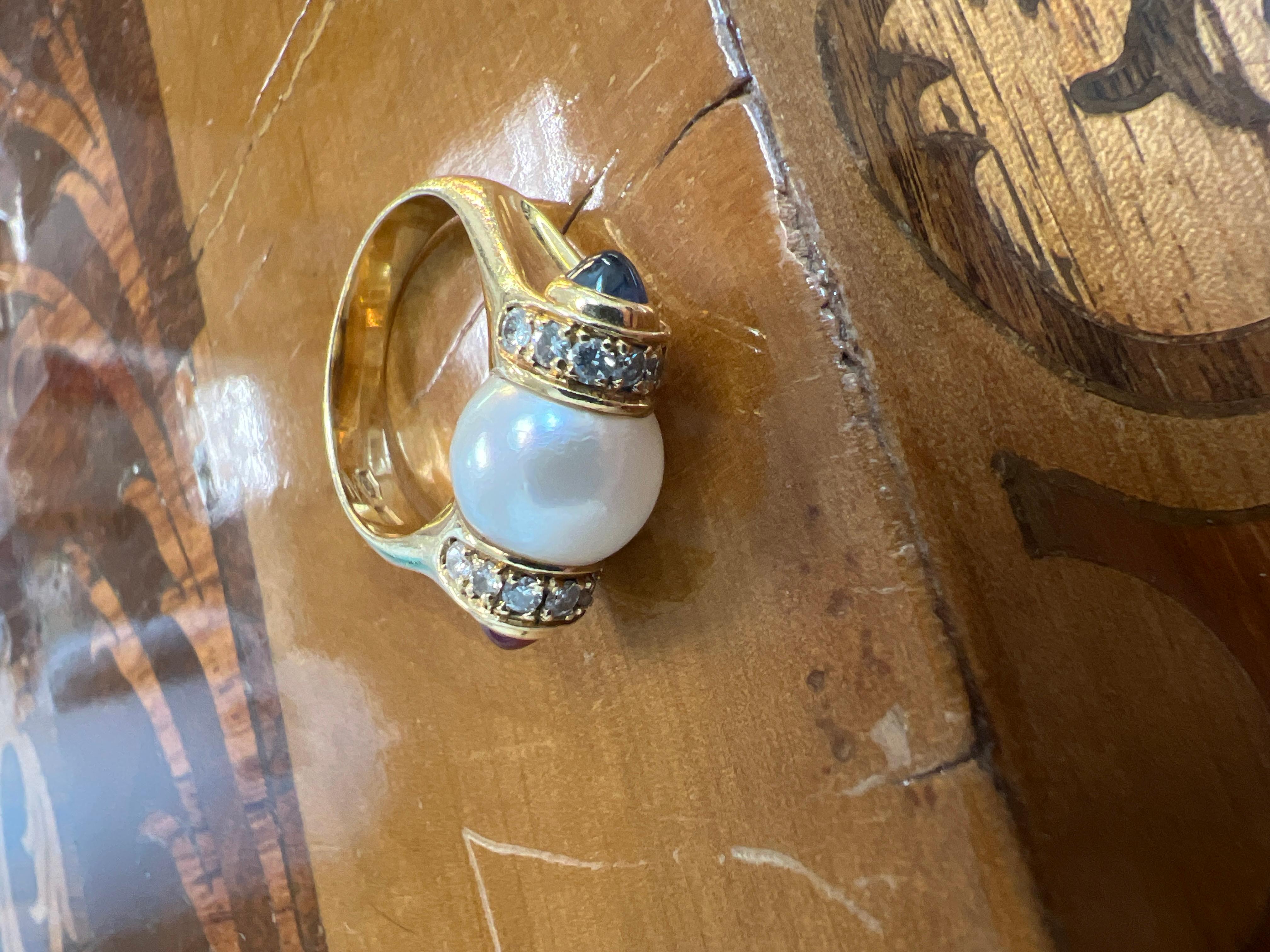 BVLGARI ITALY 18k Yellow Gold, Pearl, Diamond, Ruby & Sapphire Cocktail Ring In Excellent Condition For Sale In Beverly Hills, CA
