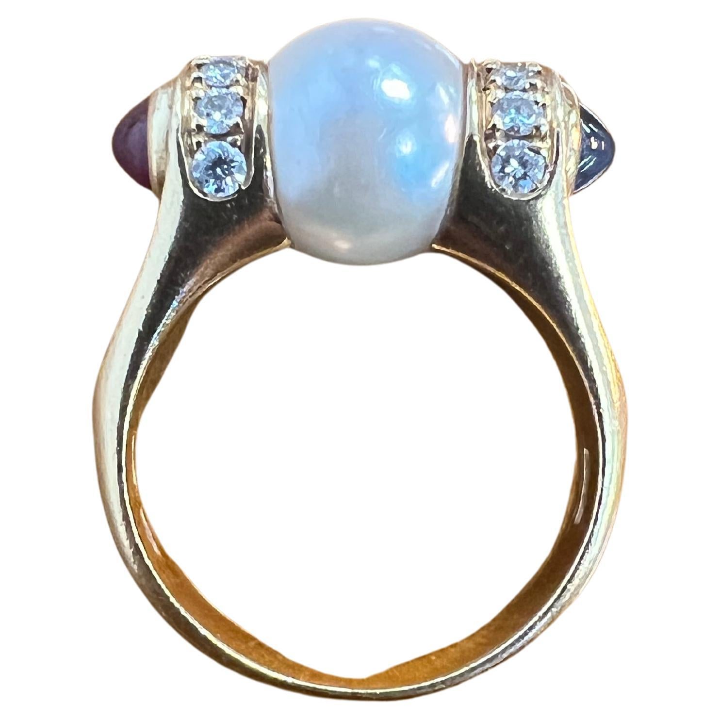 BVLGARI ITALY 18k Yellow Gold, Pearl, Diamond, Ruby & Sapphire Cocktail Ring