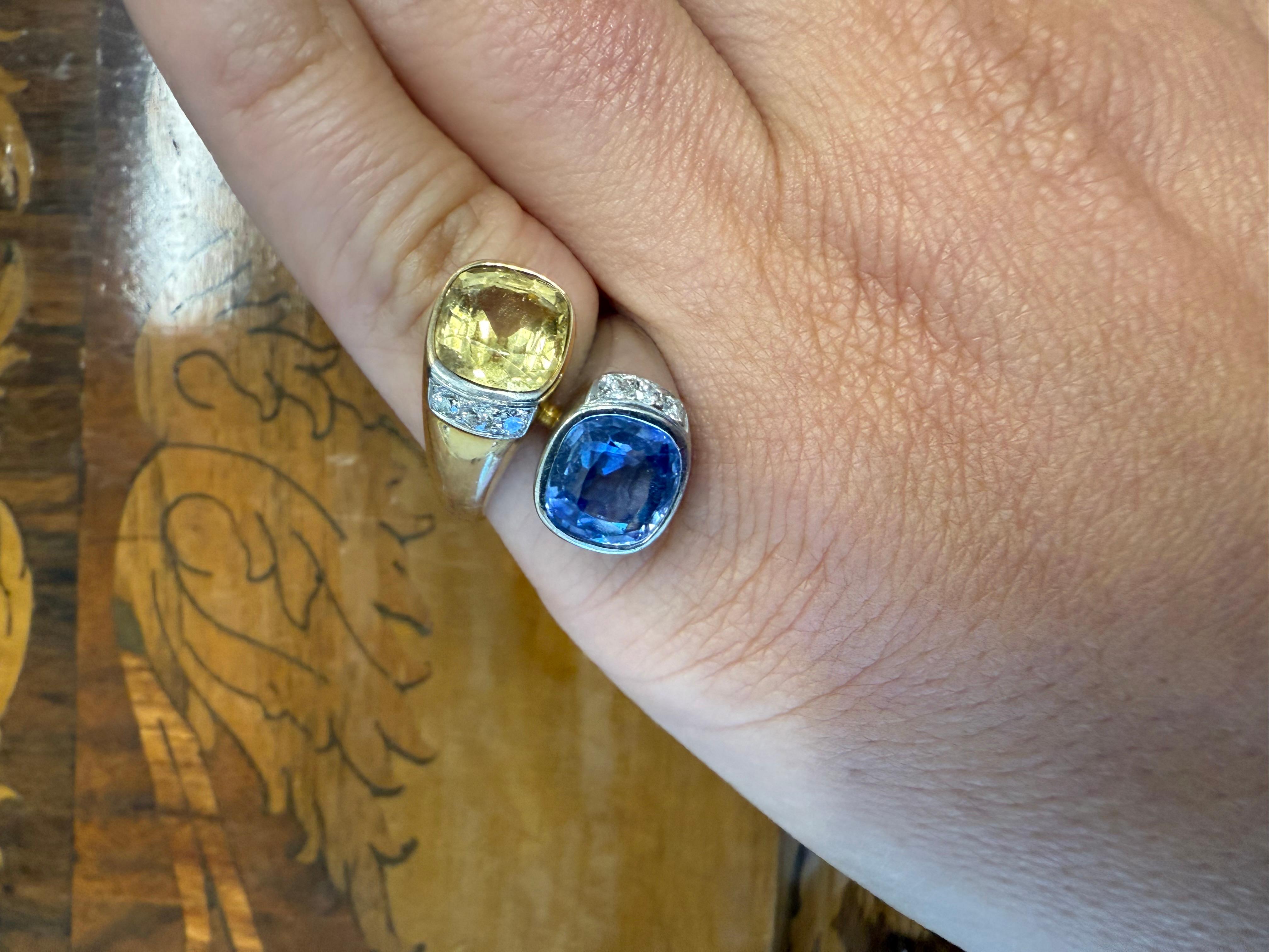 Bvlgari Italy 18k Yellow Gold, Platinum, Diamond, Yellow and Blue Sapphire Toi et Moi Ring Vintage 1970s



Here is your chance to purchase a beautiful and highly collectible designer ring


The ring is made by Bvlgari Italy in the 1970s.  It is in