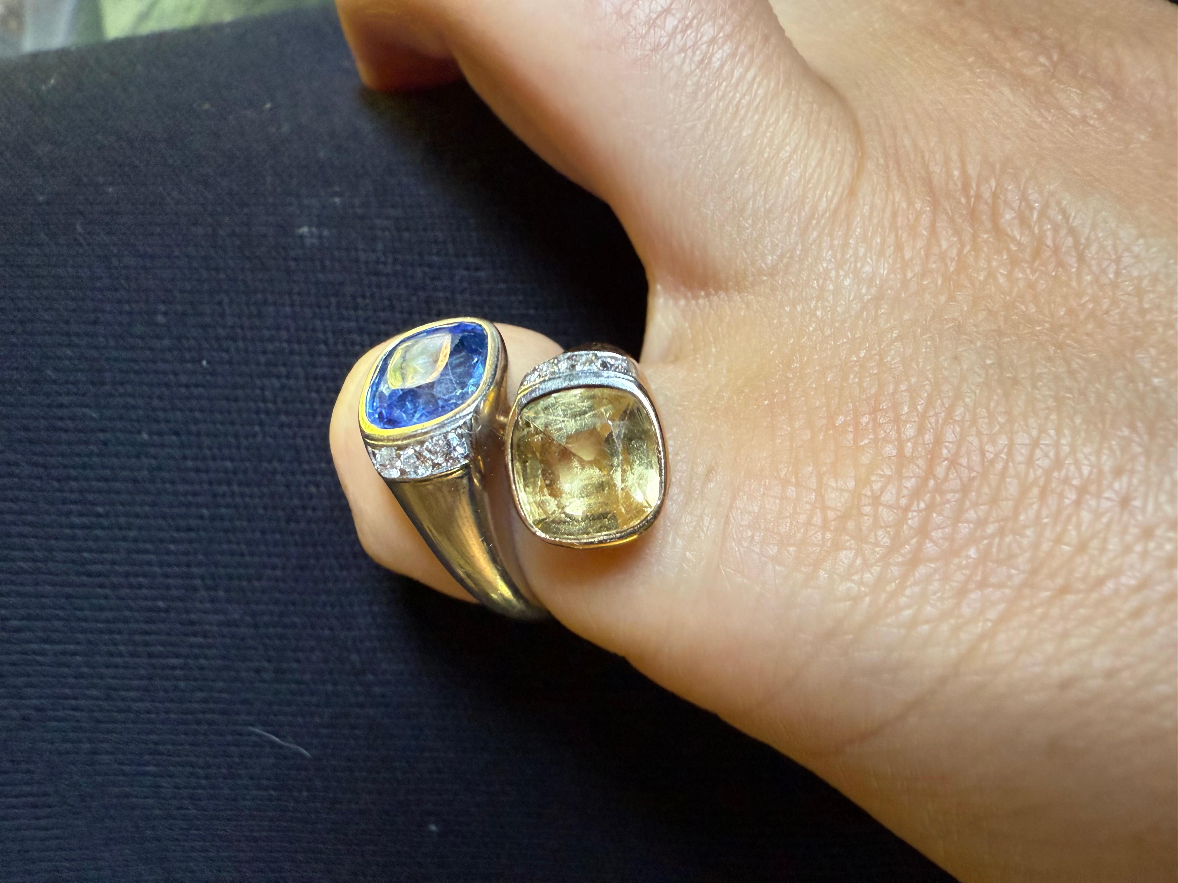 BVLGARI ITALY 18k Yellow Gold, Platinum, Diamond & Yellow and Blue Sapphire Ring For Sale 4