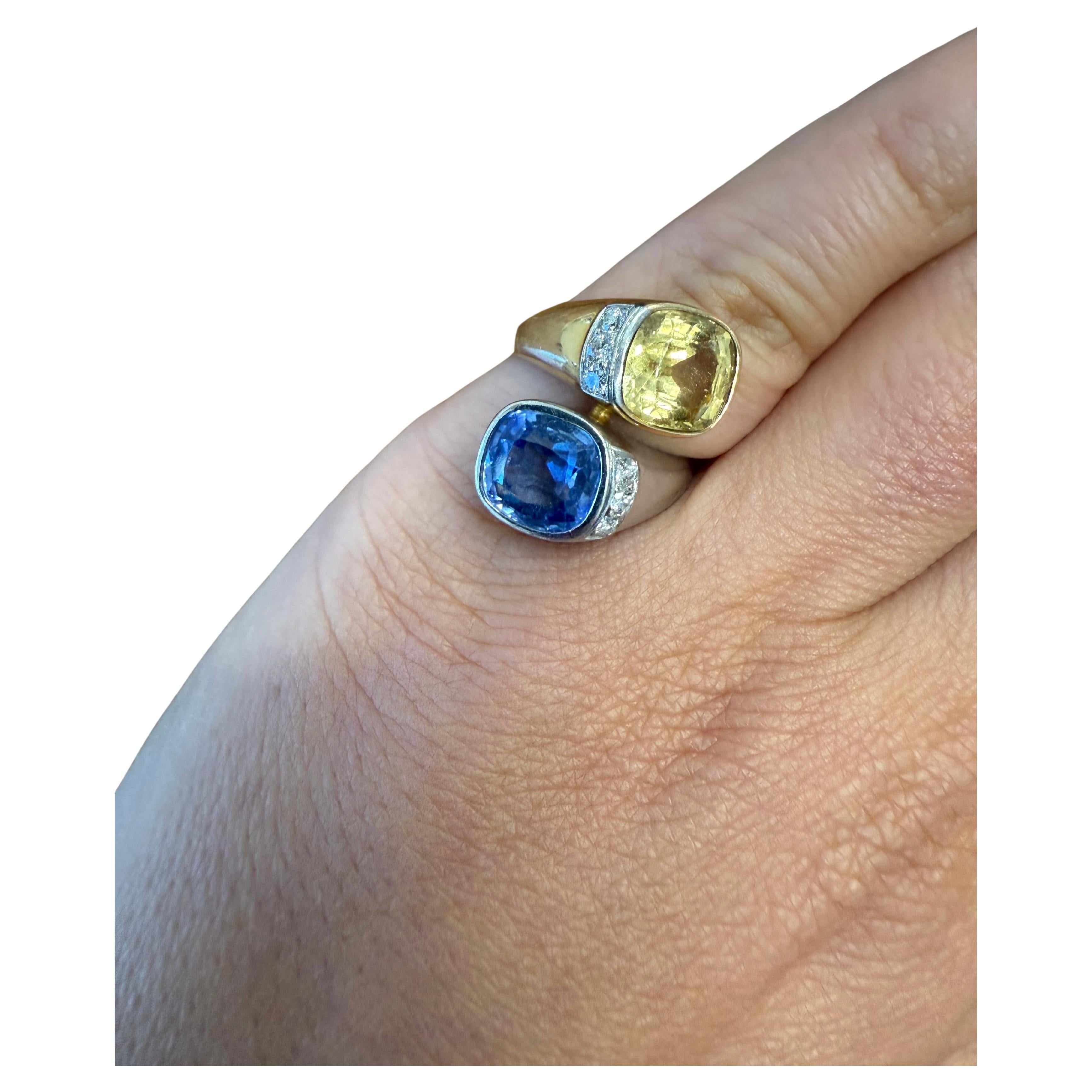 BVLGARI ITALY 18k Yellow Gold, Platinum, Diamond & Yellow and Blue Sapphire Ring For Sale