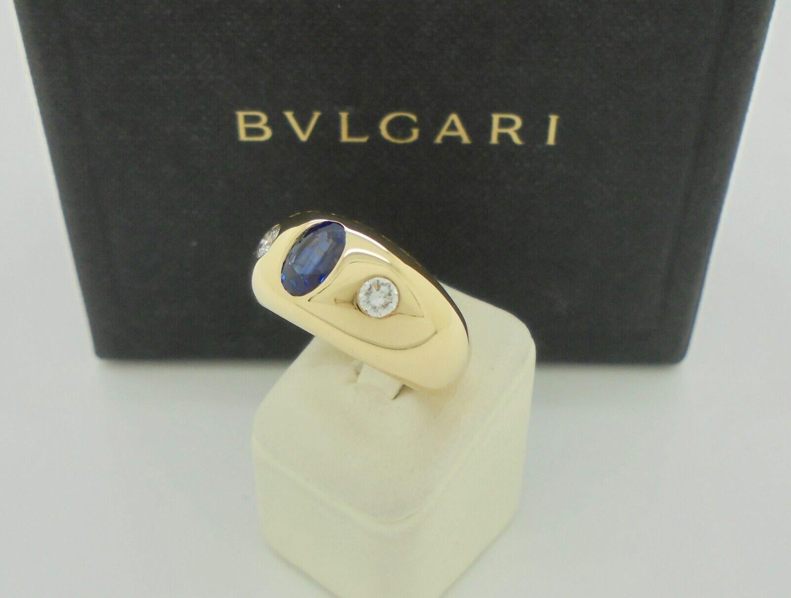 Bvlgari Italy 18k Yellow Gold, Diamond & Sapphire Three Stone Ring w/Box Vintage

Here is your chance to purchase a beautiful and highly collectible designer ring.  
Authentic Bvlgari Bulgari Sapphire Diamond 18k Yellow Gold Ring in Box

Brand: