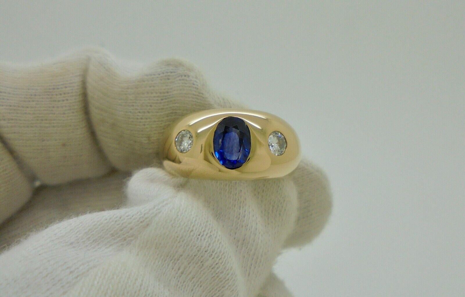Round Cut BVLGARI ITALY 18k Yellow Gold, Sapphire & Diamond Three Stone Ring Vintage w/Box For Sale