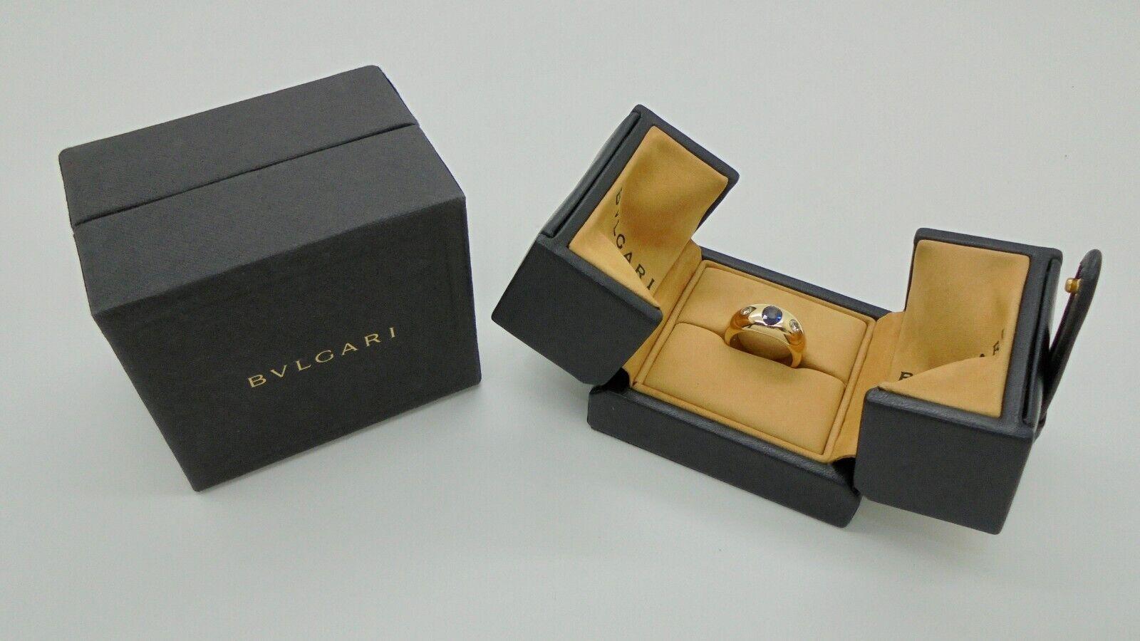 Women's or Men's BVLGARI ITALY 18k Yellow Gold, Sapphire & Diamond Three Stone Ring Vintage w/Box For Sale