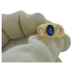 BVLGARI ITALY 18k Yellow Gold, Sapphire & Diamond Three Stone Ring Retro w/Box