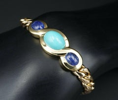 Bvlgari Italy 18 Karat Gold, Sapphire and Turquoise Link Bracelet Vintage Rare