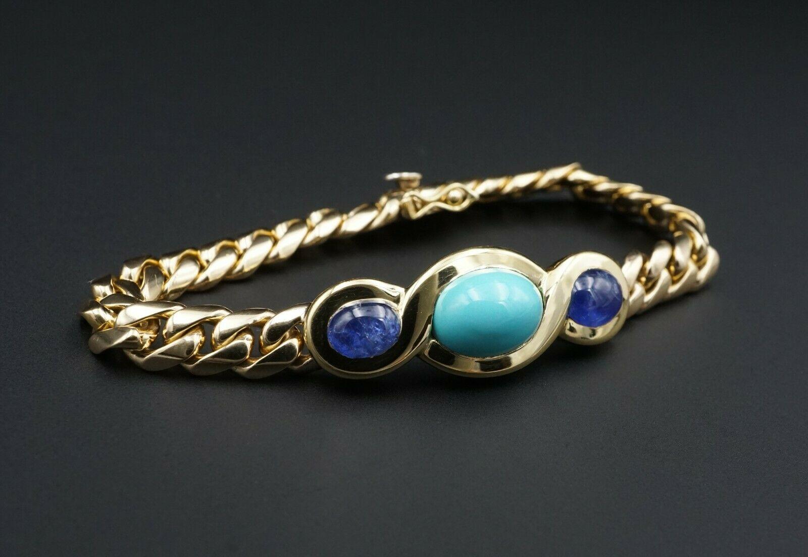Bvlgari Italy 18 Karat Gold, Sapphire and Turquoise Link Bracelet Vintage Rare 1