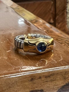 Bvlgari Italy 18k Yellow Gold, Stainless Steel & Cabochon Sapphire Tubogas Ring