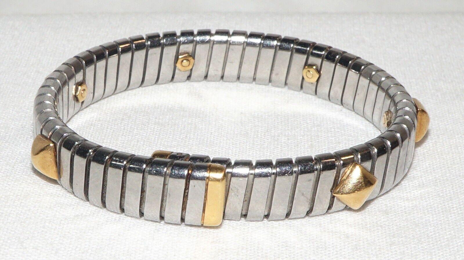 BVLGARI ITALY 18k Yellow Gold & Stainless Steel Stud Motif Bangle Bracelet 1980s In Excellent Condition In Beverly Hills, CA