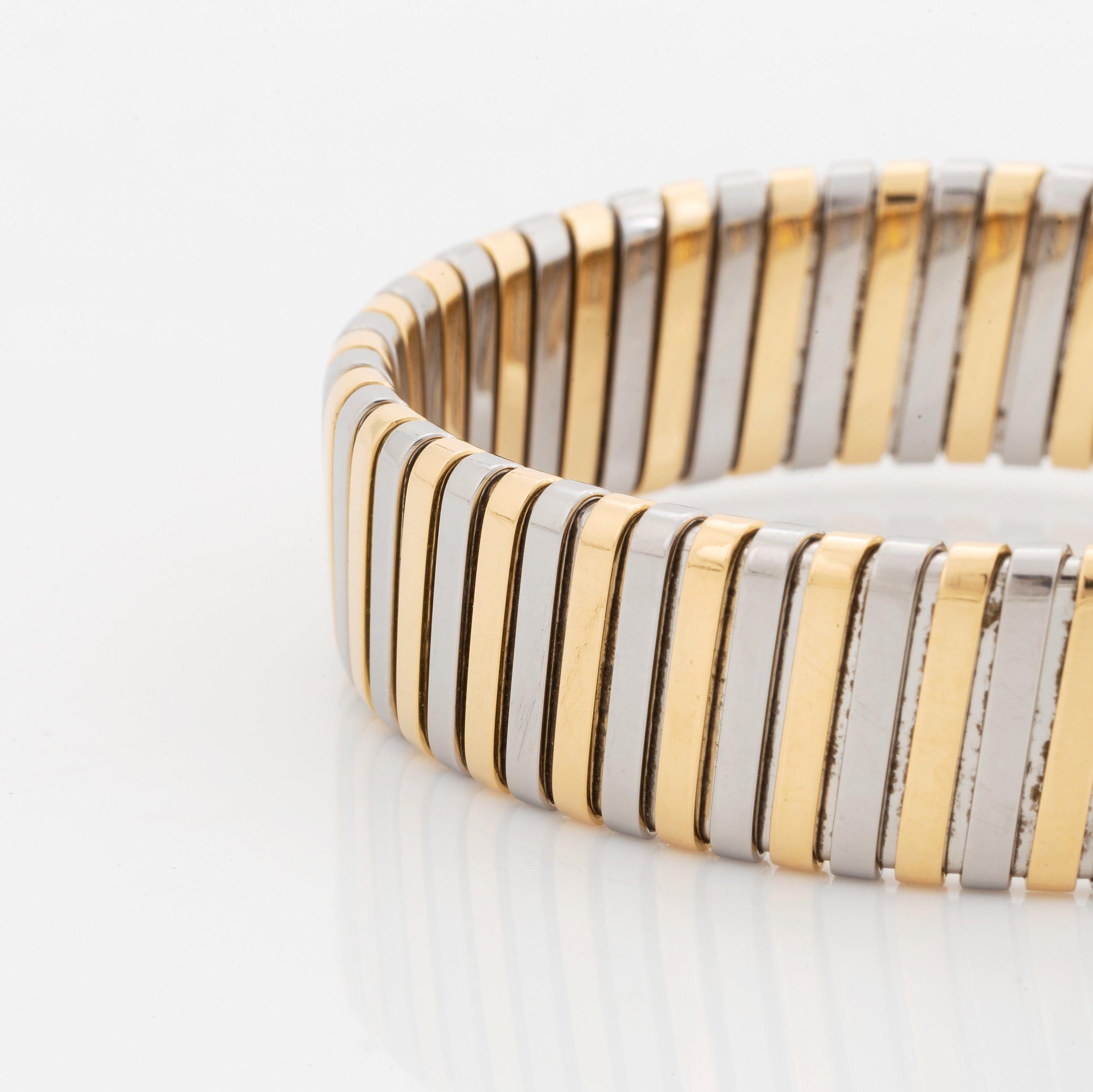 Bvlgari Italy 18k Yellow Gold & Stainless Steel Tubogas Bracelet Vintage In Excellent Condition In Beverly Hills, CA