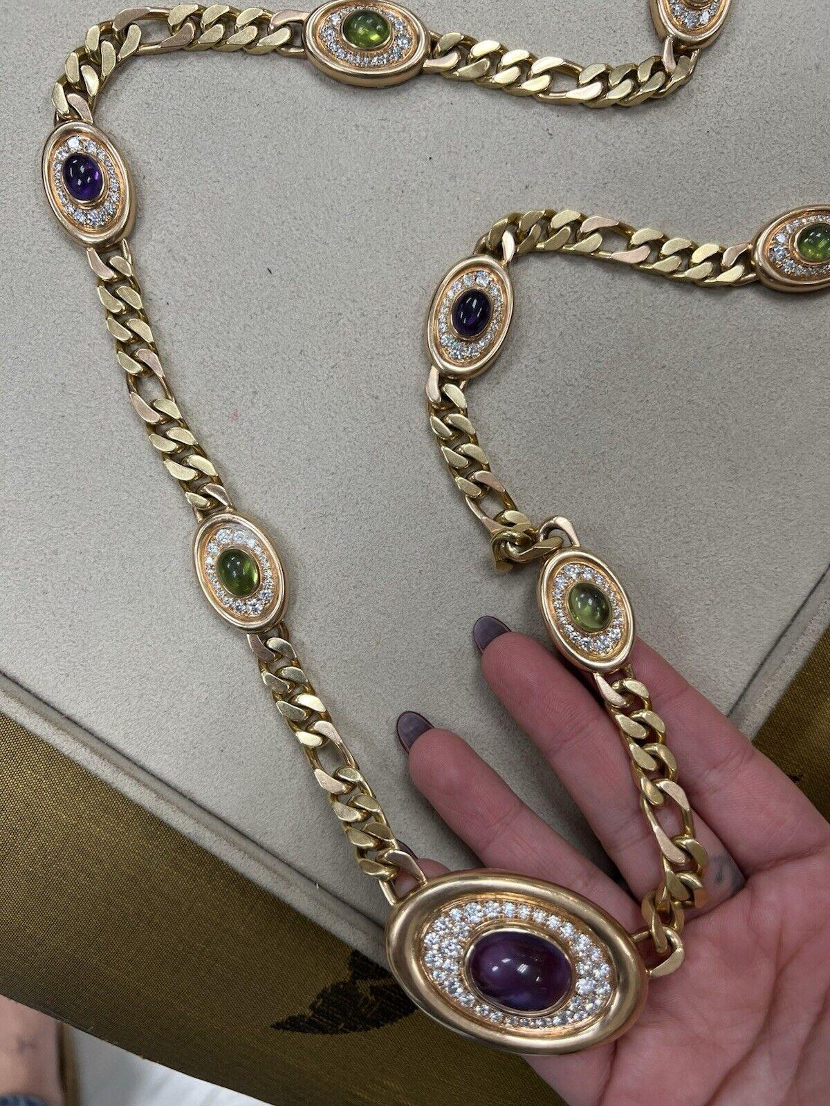 Bvlgari Italy 18k Yellow & Rose Gold, Diamond, Amethyst & Peridot Sautoir Chain Necklace 1970s Vintage

Here is your chance to purchase a beautiful and highly collectible designer necklace.  

Highly collectible and well-made retro vintage 1970s
