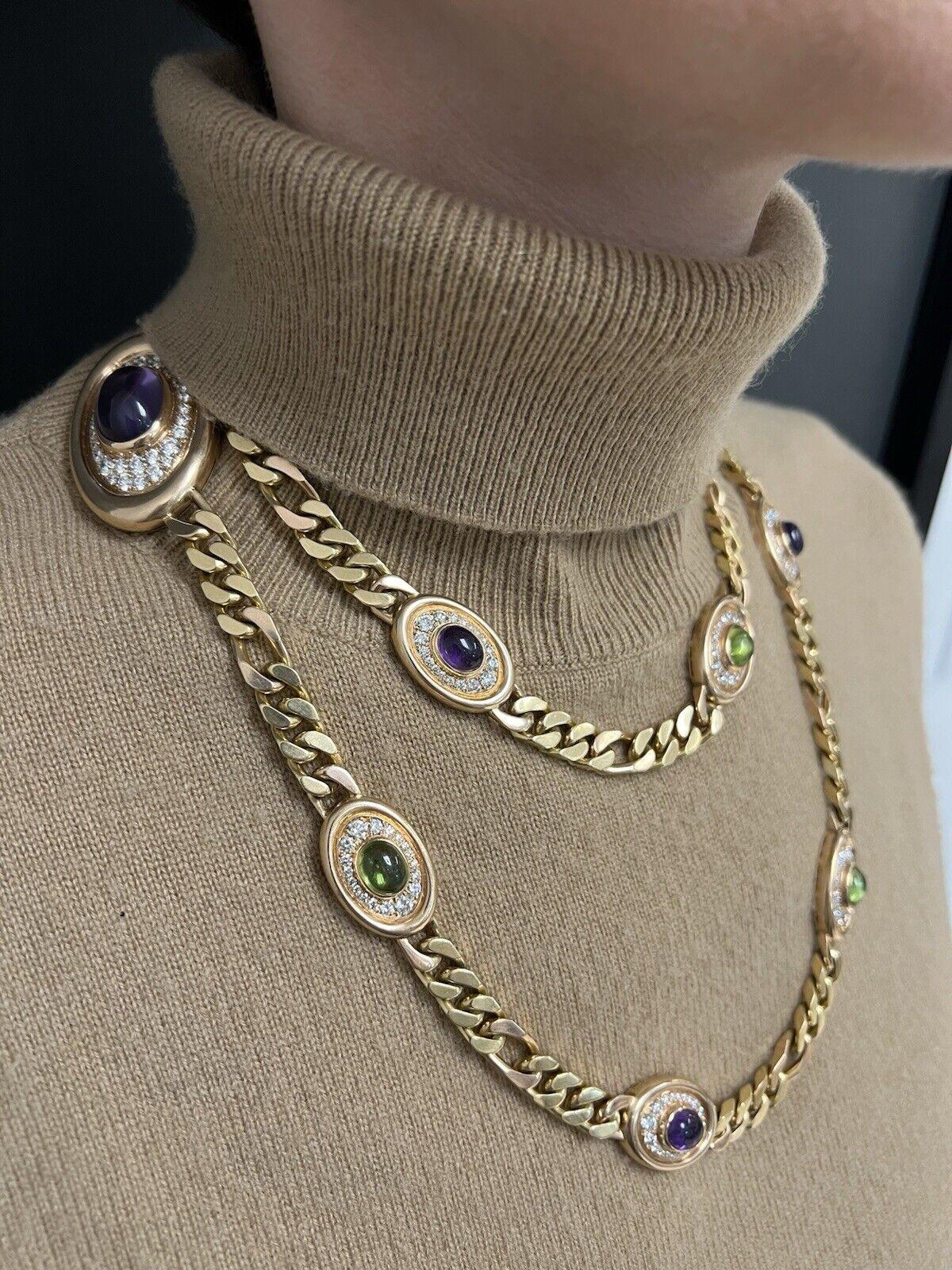 BVLGARI ITALY 18k Yellow & Rose Gold, Diamond, Amethyst & Peridot Chain Necklace In Excellent Condition In Beverly Hills, CA