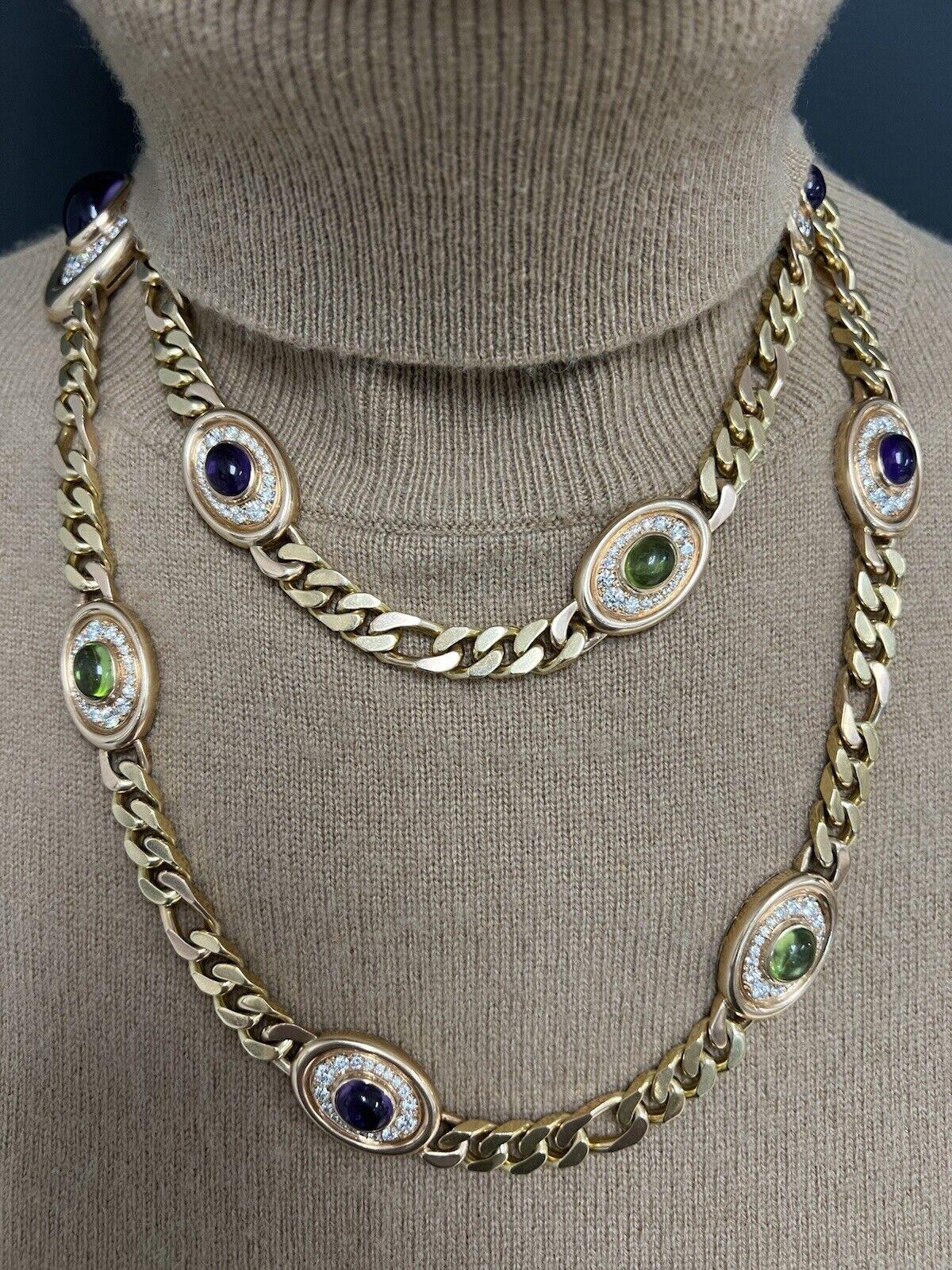 Women's or Men's BVLGARI ITALY 18k Yellow & Rose Gold, Diamond, Amethyst & Peridot Chain Necklace