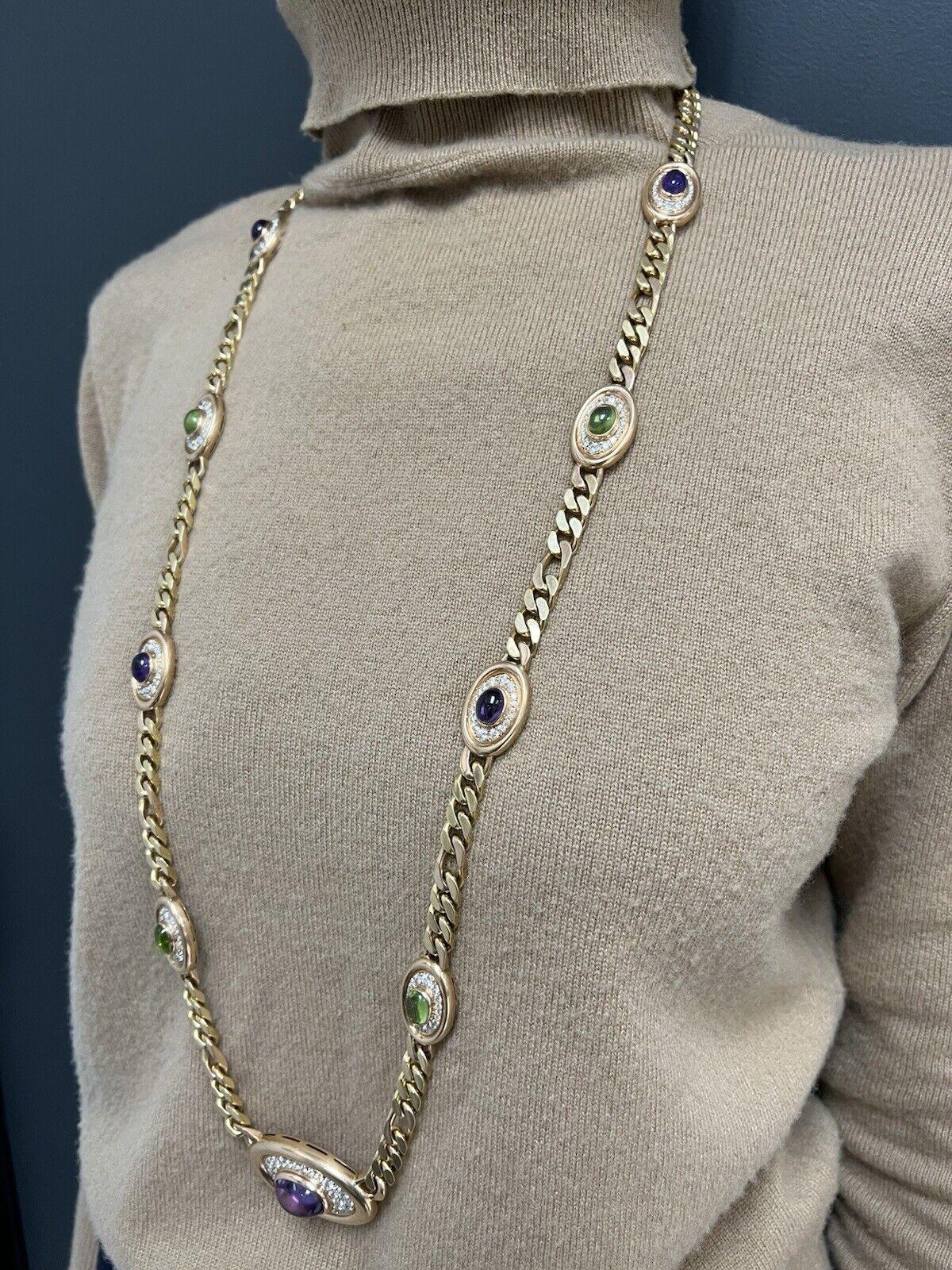 BVLGARI ITALY 18k Yellow & Rose Gold, Diamond, Amethyst & Peridot Chain Necklace 1