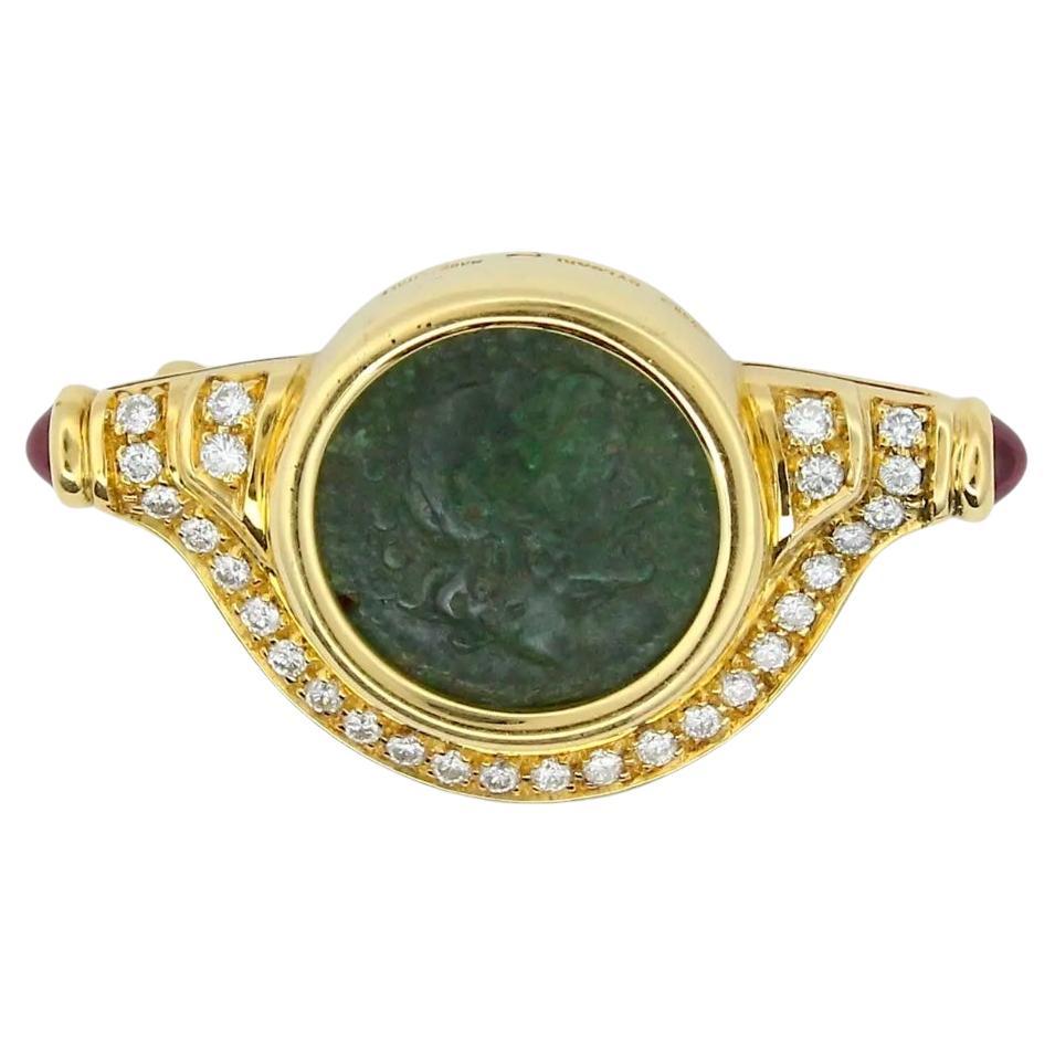 BVLGARI ITALY 18K YG, Cabochon Ruby, Diamond & Ancient Roman Monete Coin Brooch