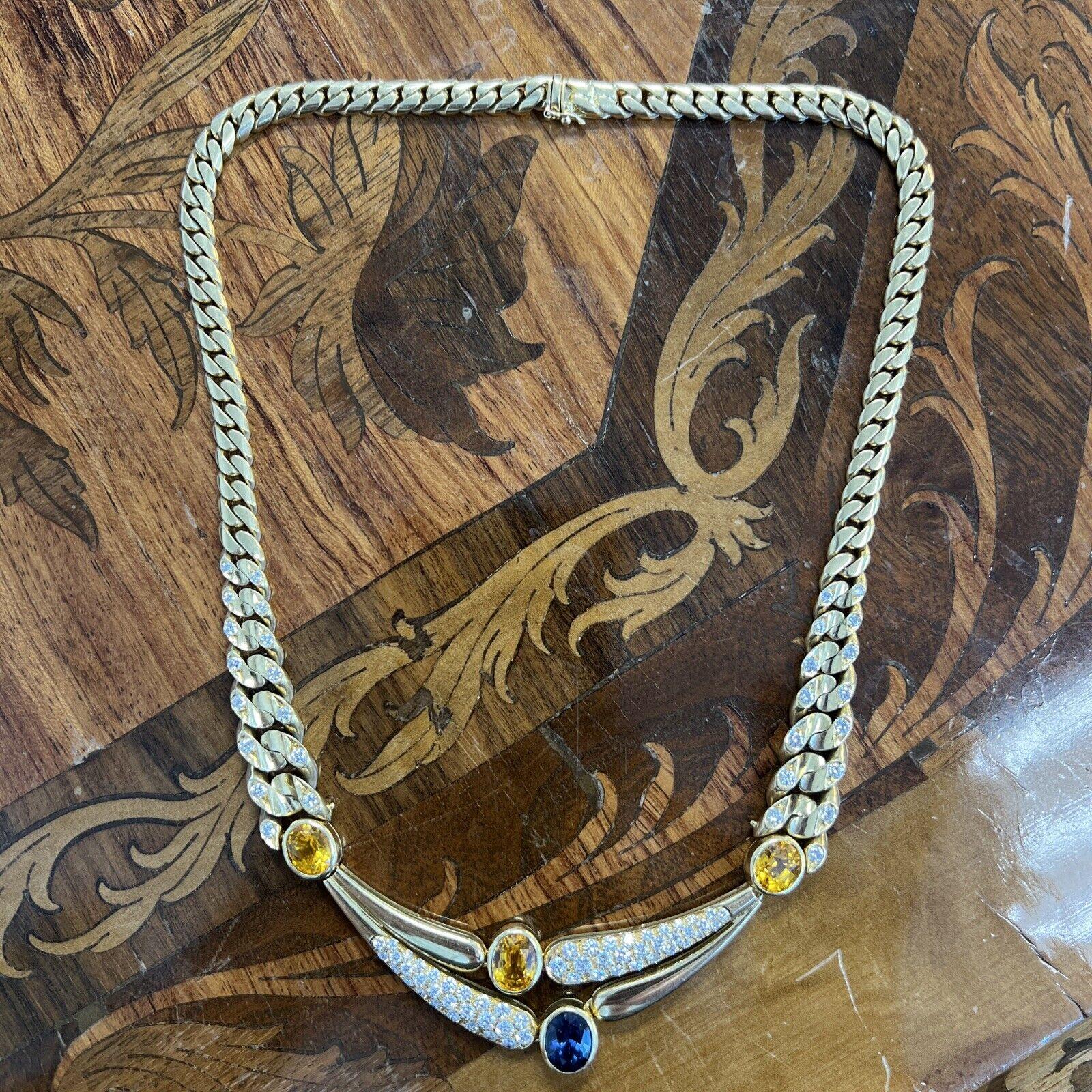Bvlgari Italy 18k Yellow Gold, Diamond, Yellow & Blue Sapphire Curb Link Necklace Vintage 1970s

Here is your chance to purchase a beautiful and highly collectible designer necklace.  Truly a great piece at a great price! 

Details:
Size : 16.5