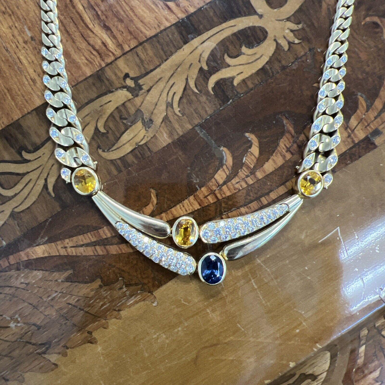 Round Cut BVLGARI Italy 18k YG, Diamond, Blue & Yellow Sapphire Curb Link Necklace 1970s For Sale