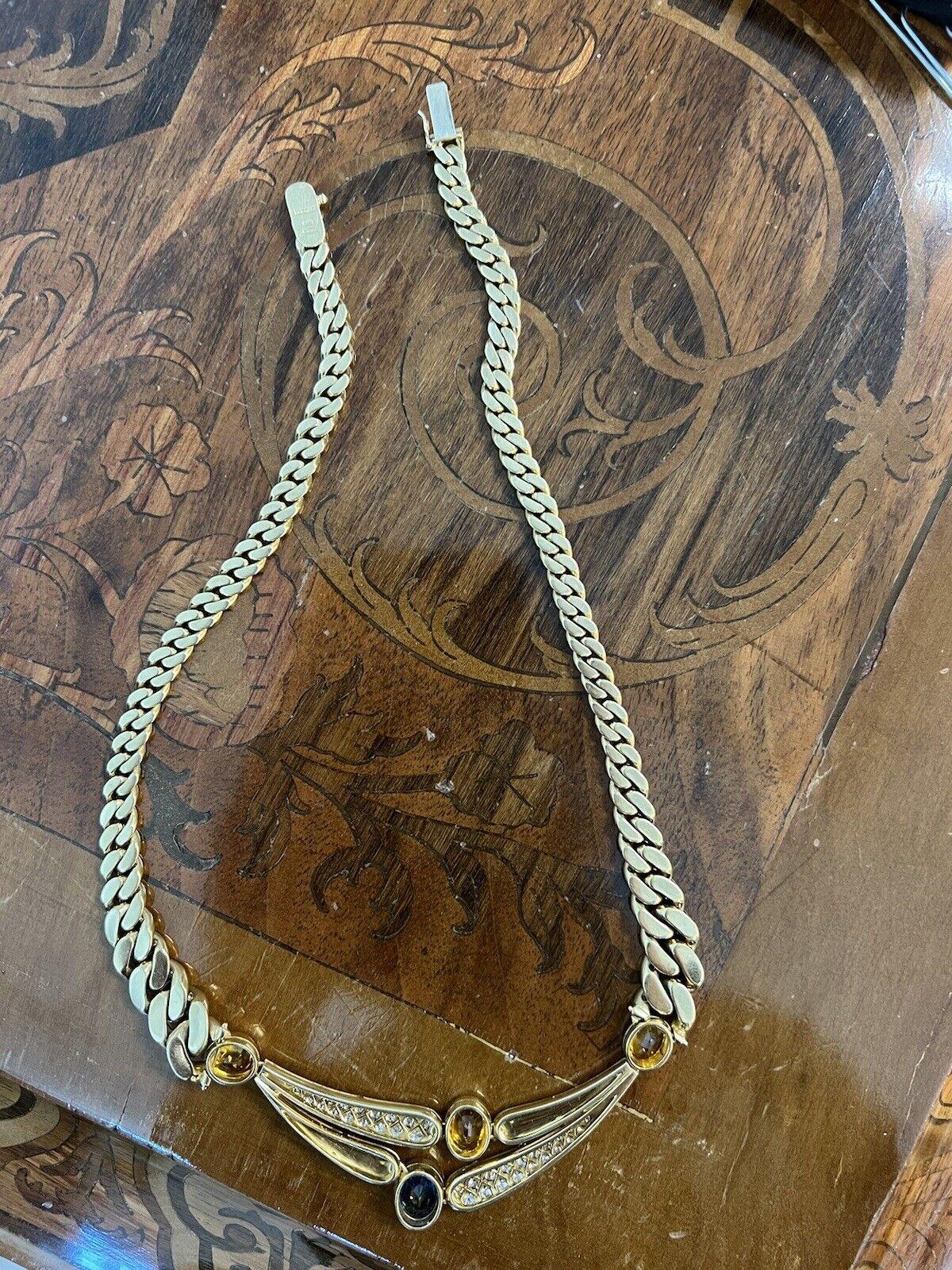 BVLGARI Italy 18k YG, Diamond, Blue & Yellow Sapphire Curb Link Necklace 1970s In Excellent Condition For Sale In Beverly Hills, CA