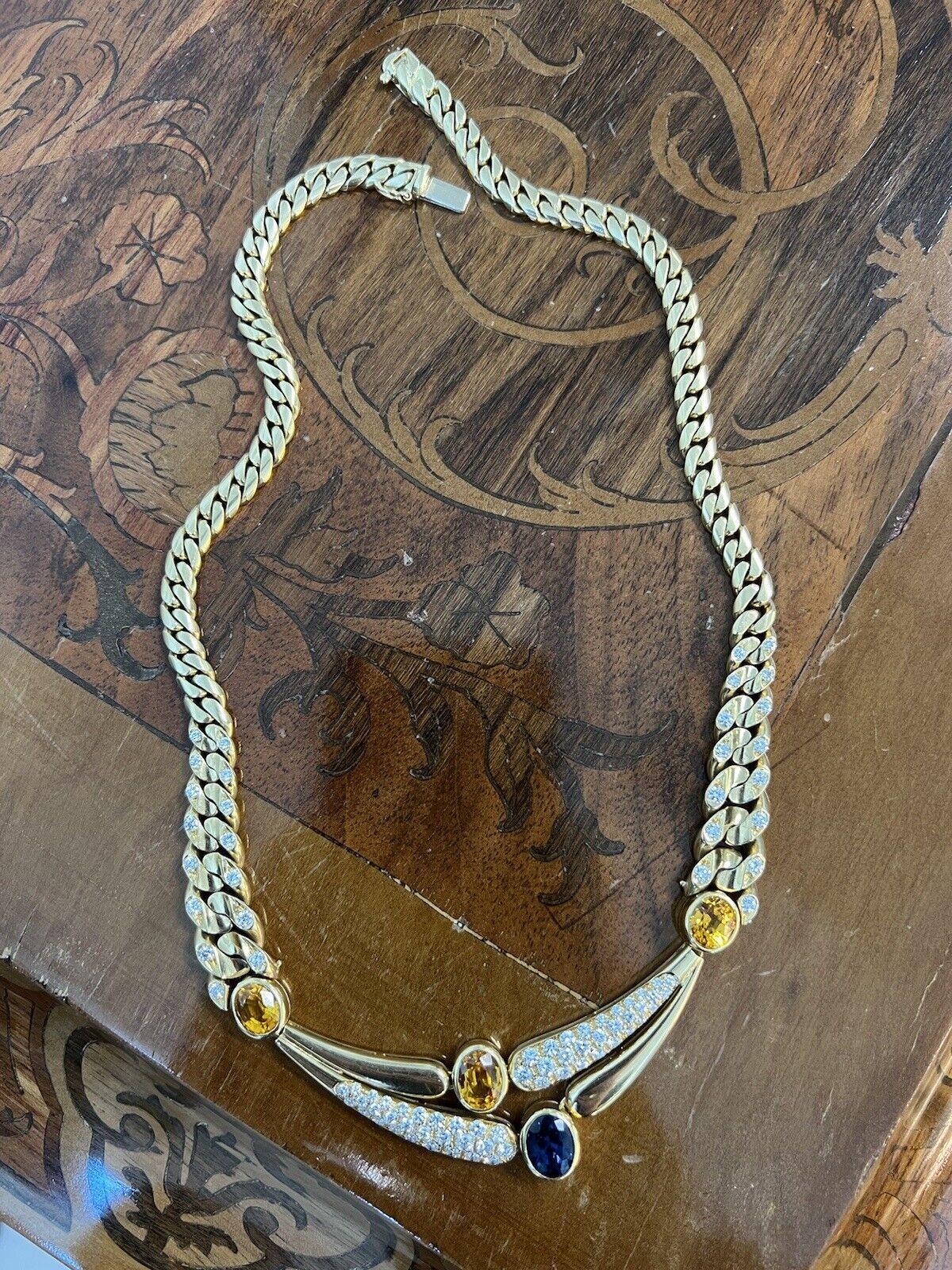 Women's or Men's BVLGARI Italy 18k YG, Diamond, Blue & Yellow Sapphire Curb Link Necklace 1970s For Sale