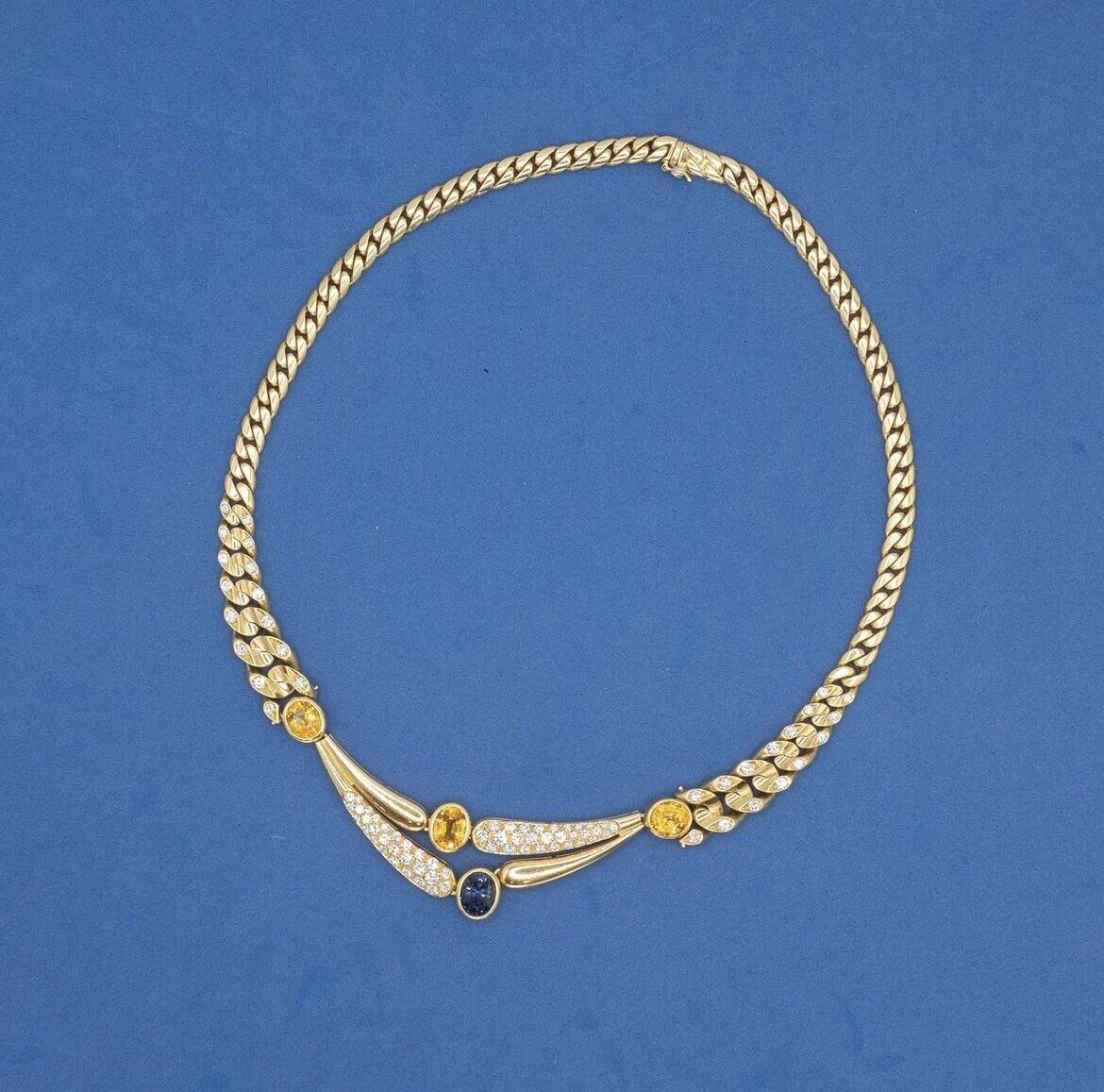 BVLGARI Italy 18k YG, Diamond, Blue & Yellow Sapphire Curb Link Necklace 1970s For Sale 2