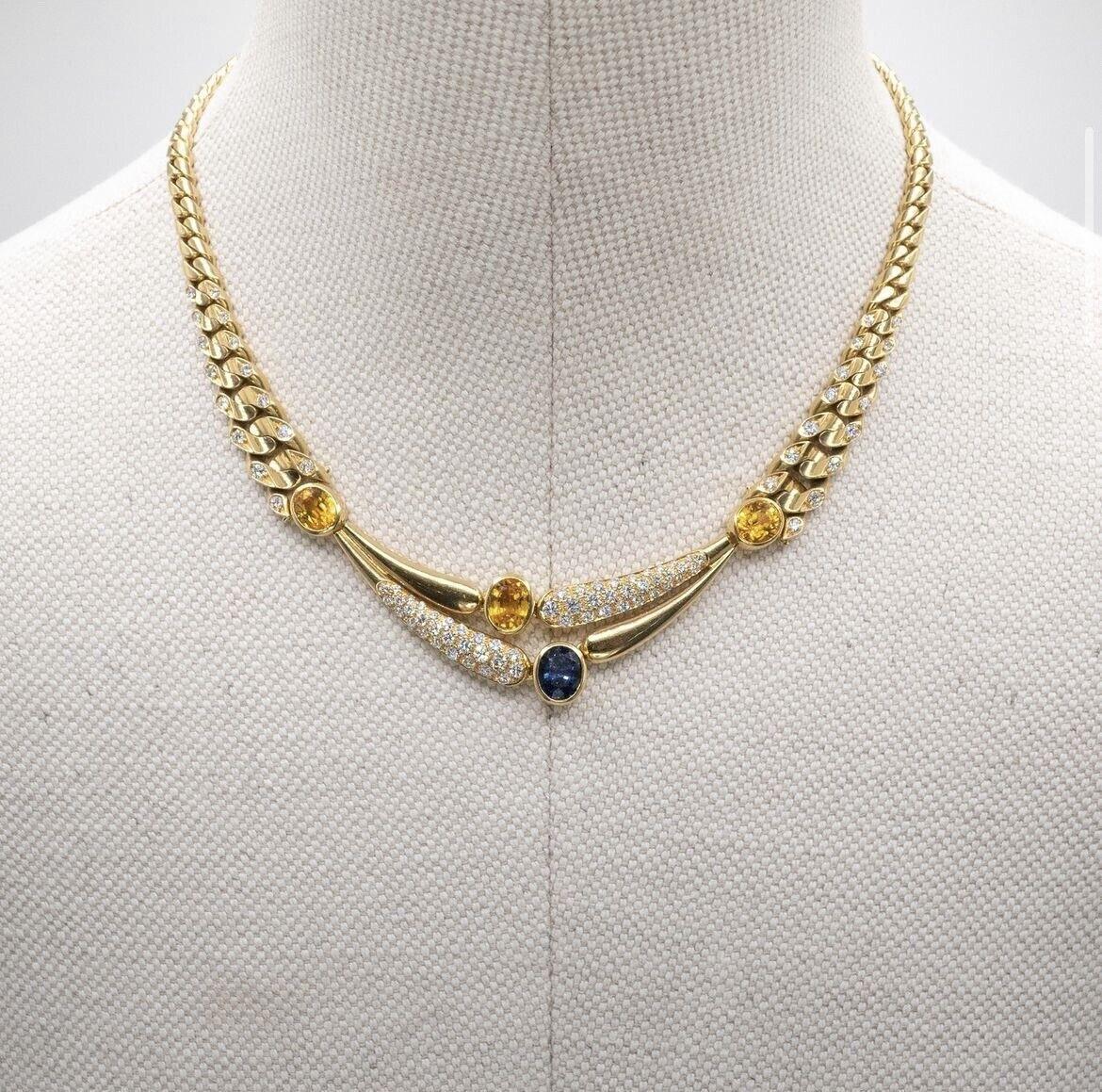 BVLGARI Italy 18k YG, Diamond, Blue & Yellow Sapphire Curb Link Necklace 1970s For Sale 3