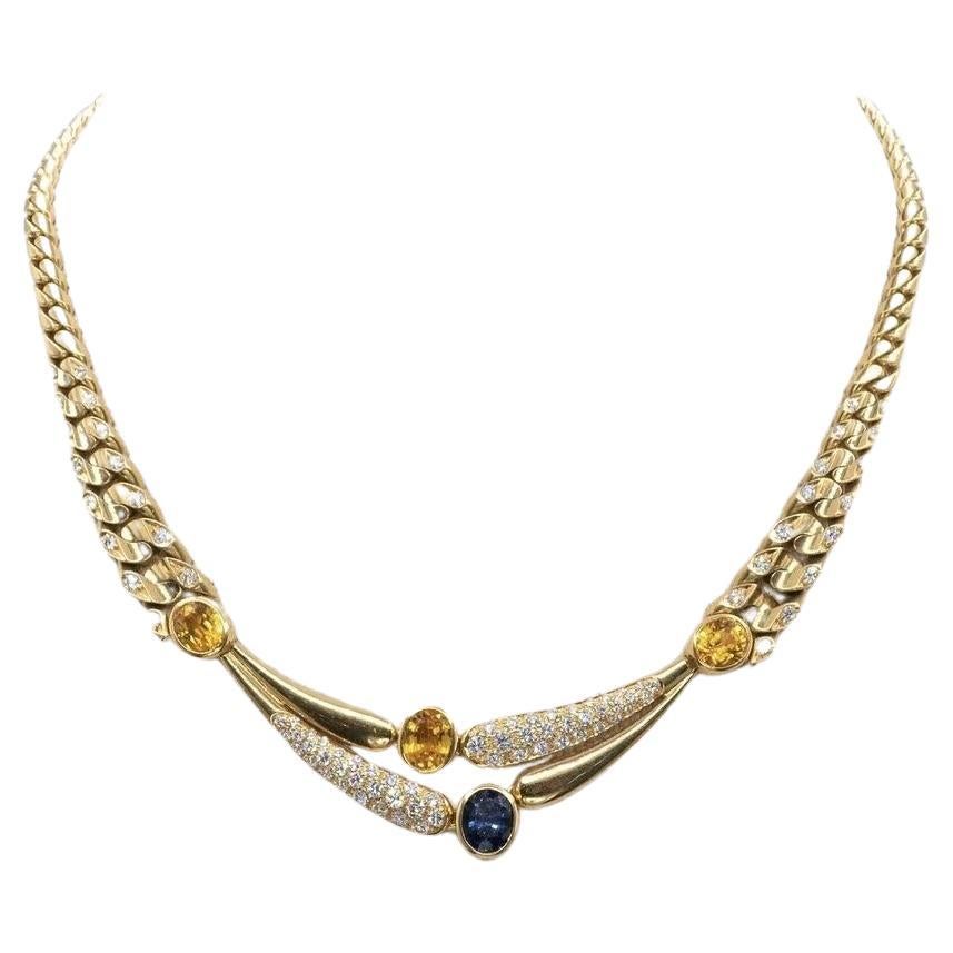 BVLGARI Italy 18k YG, Diamond, Blue & Yellow Sapphire Curb Link Necklace 1970s For Sale