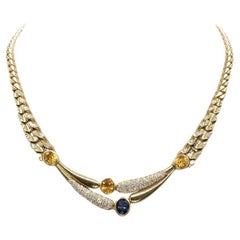 Vintage BVLGARI Italy 18k YG, Diamond, Blue & Yellow Sapphire Curb Link Necklace 1970s