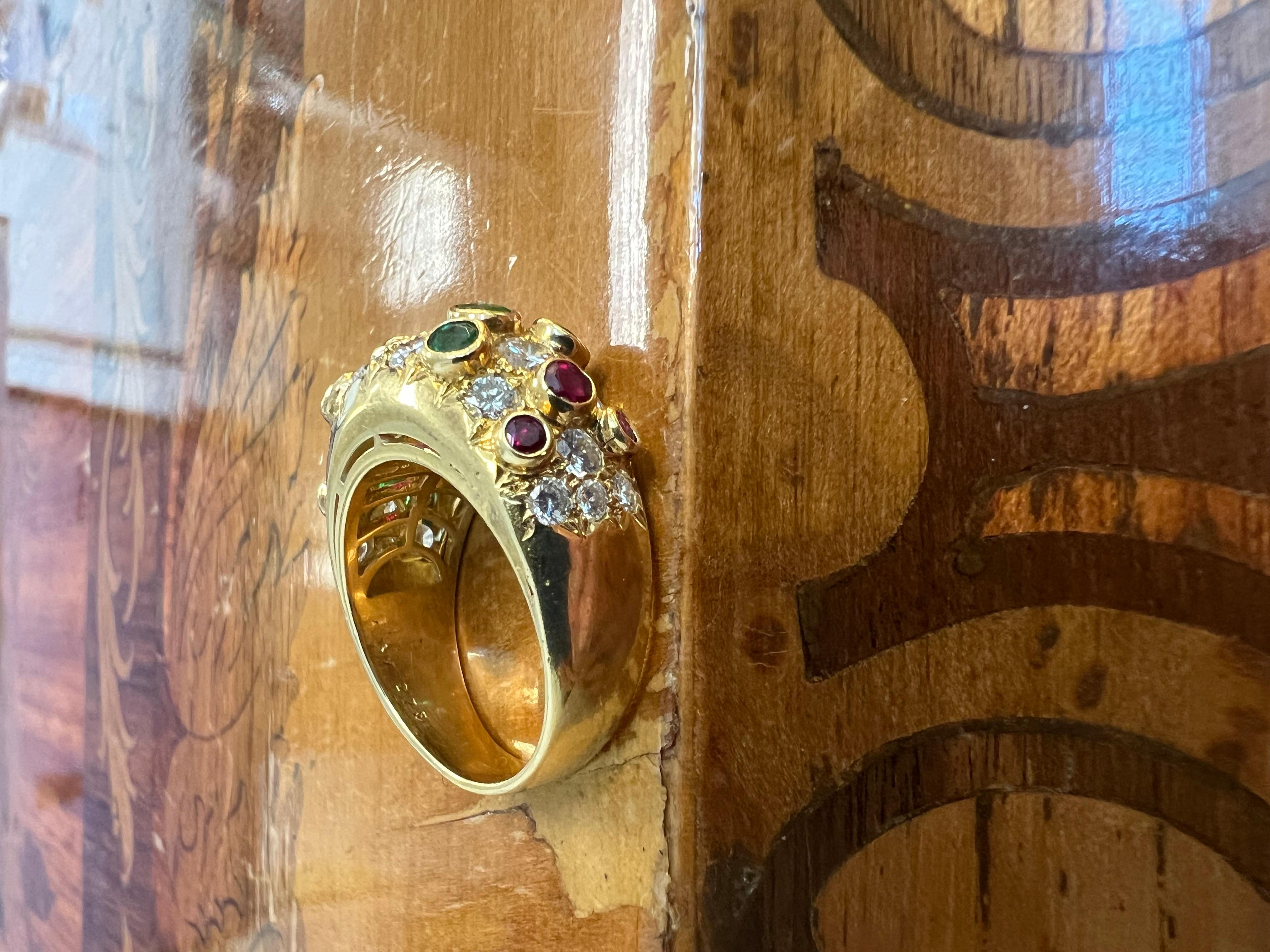Round Cut BVLGARI Italy 20k Yellow Gold, Diamond, Ruby & Emerald Cocktail Ring 1970s Rare For Sale