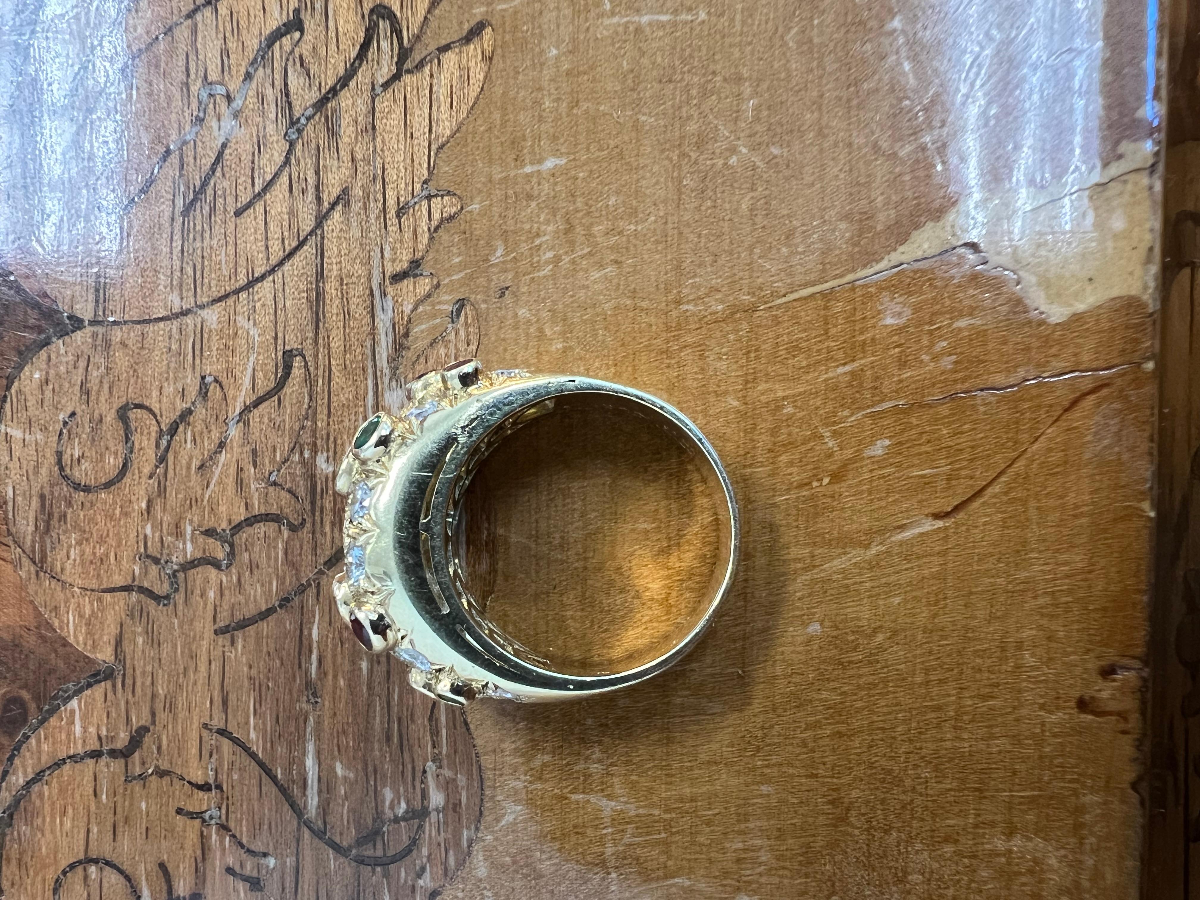 BVLGARI Italy 20k Yellow Gold, Diamond, Ruby & Emerald Cocktail Ring 1970s Rare For Sale 1