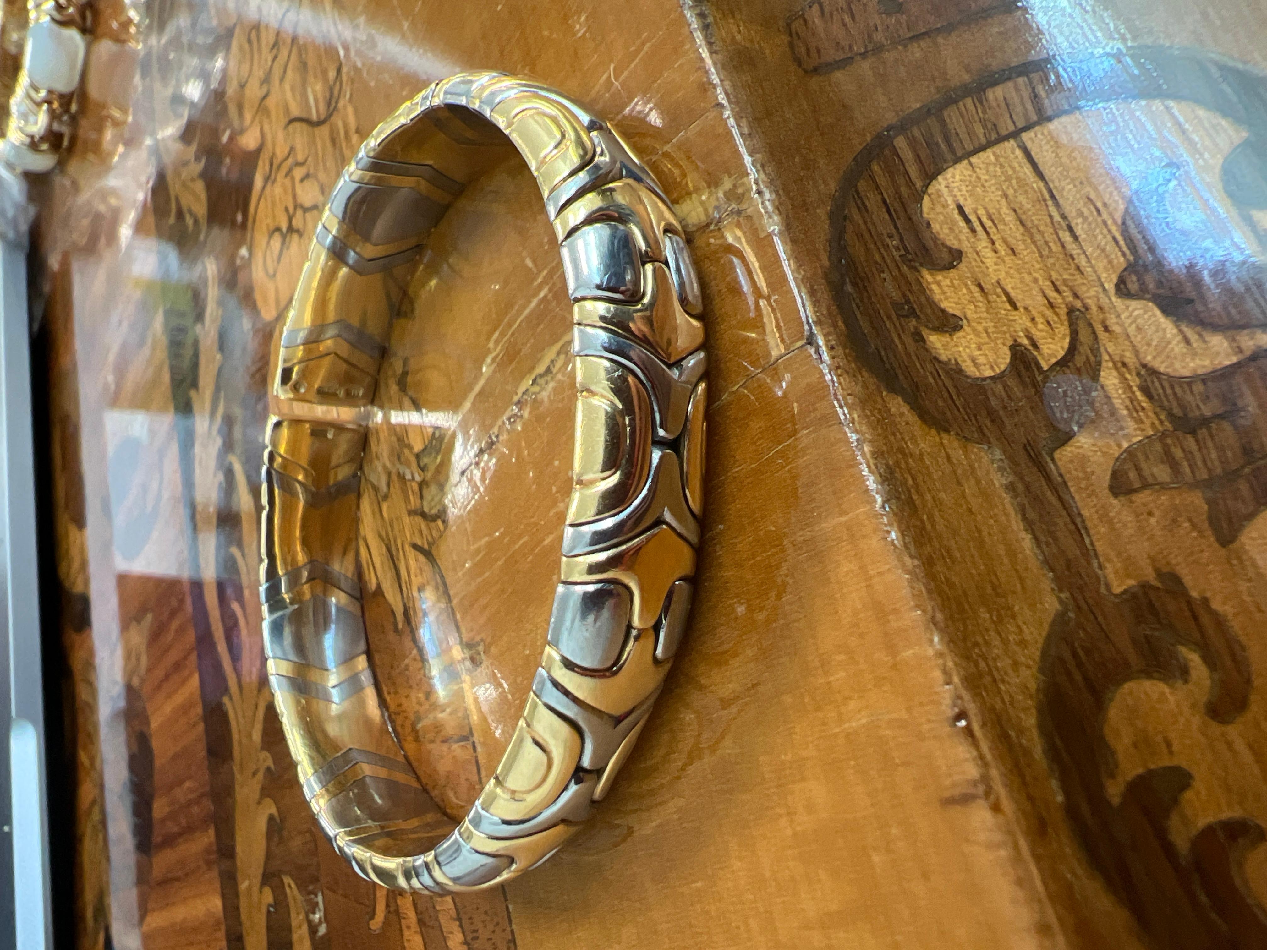 BVLGARI ITALY Alveare 18k Yellow Gold & Stainless Steel Bangle Bracelet Vintage 2