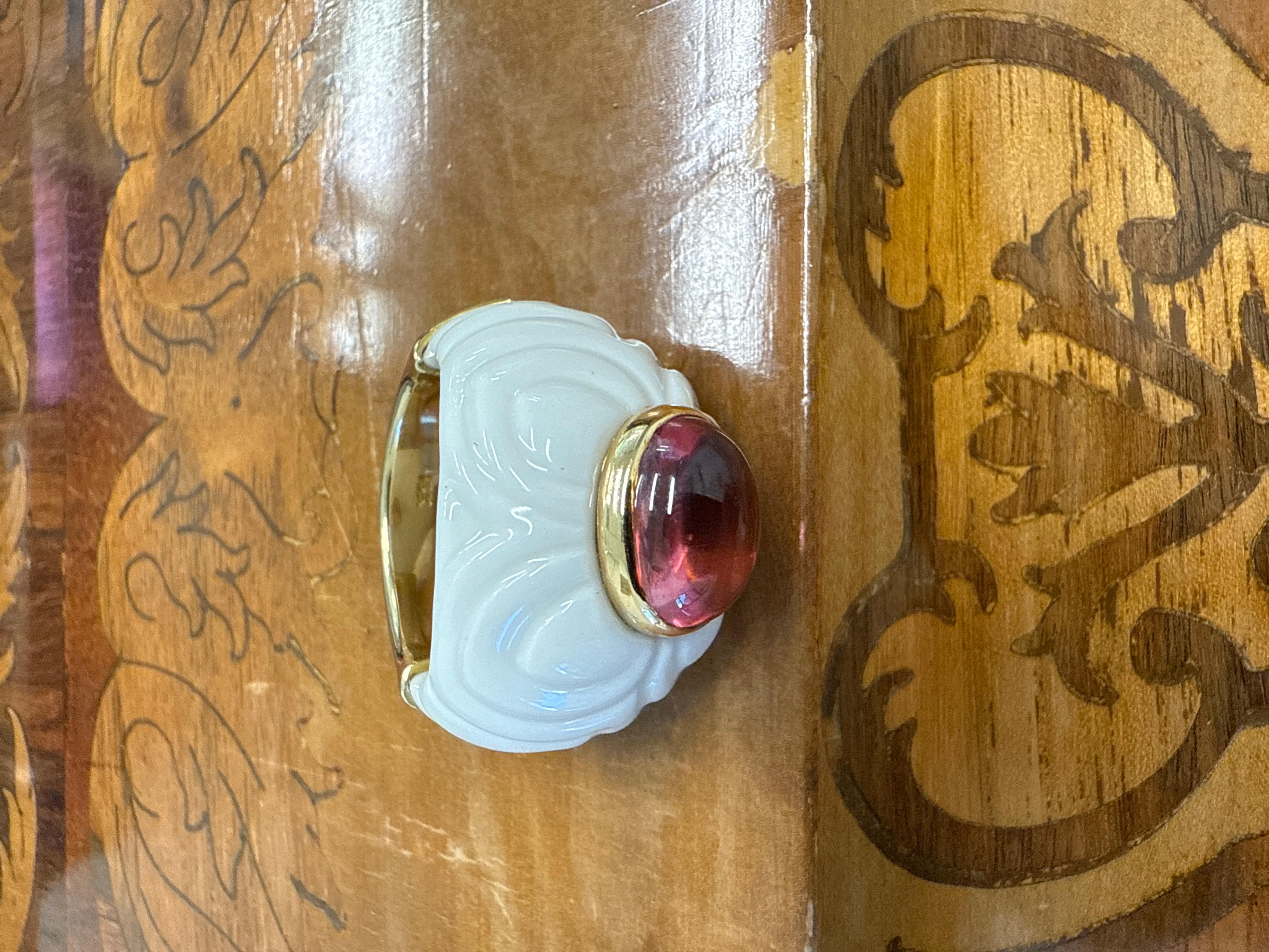BVLGARI ITALY Chandra Collection 18k YG, Ceramic & Tourmaline Cocktail Ring 1980 In Excellent Condition In Beverly Hills, CA