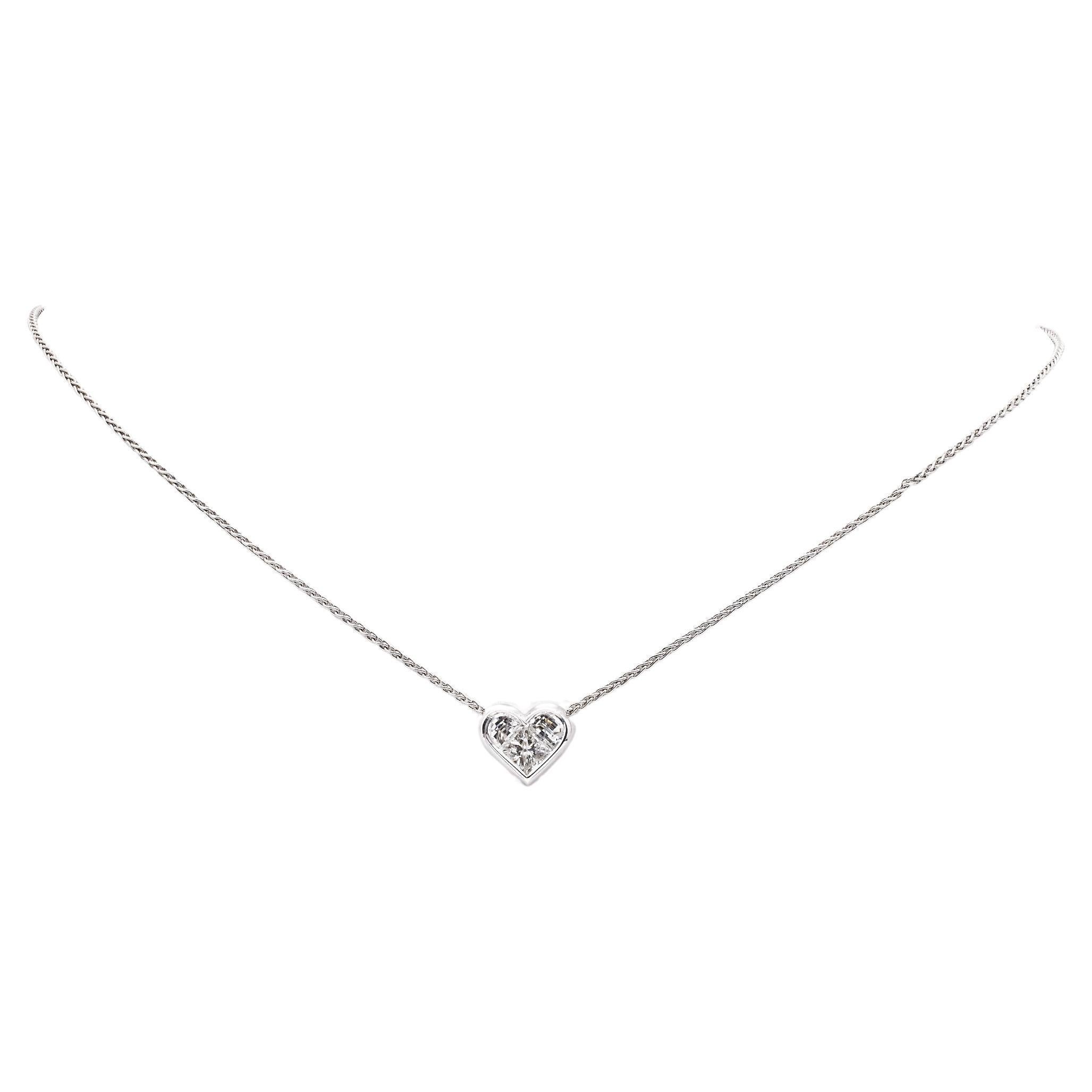 Bvlgari Italy Diamond 18k White Gold Invisible Set Heart Necklace