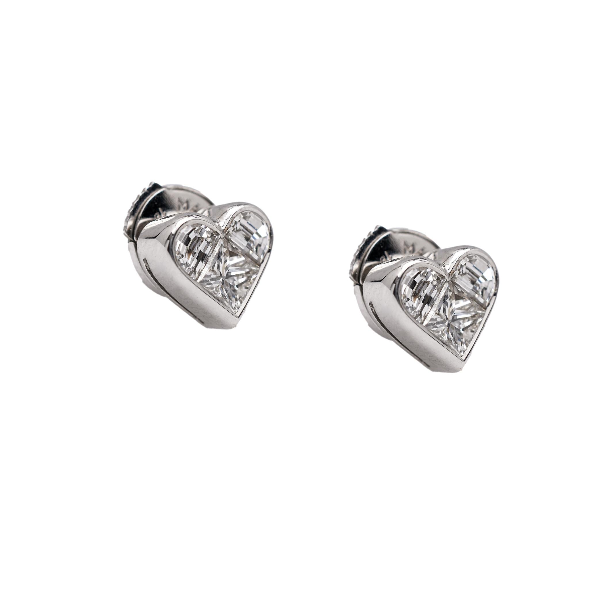 Women's or Men's Bvlgari Italy Diamond 18k White Gold Invisible Set Heart Stud Earrings