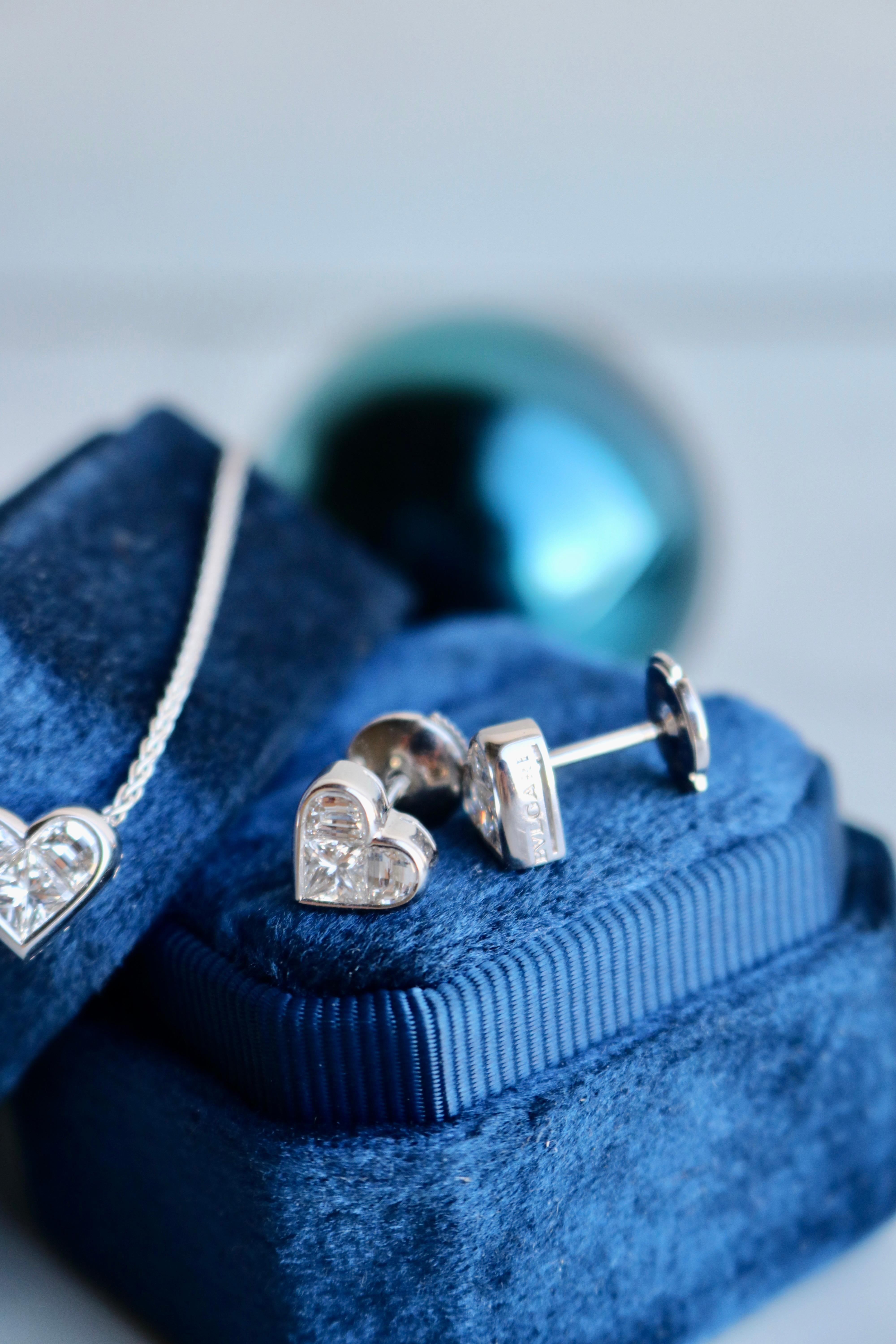 Bvlgari Italy Diamond 18k White Gold Invisible Set Heart Stud Earrings 1