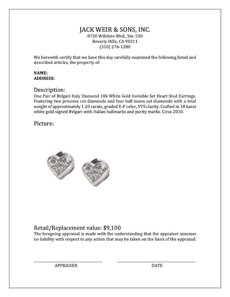 Bvlgari Italy Diamond 18k White Gold Invisible Set Heart Stud Earrings 2