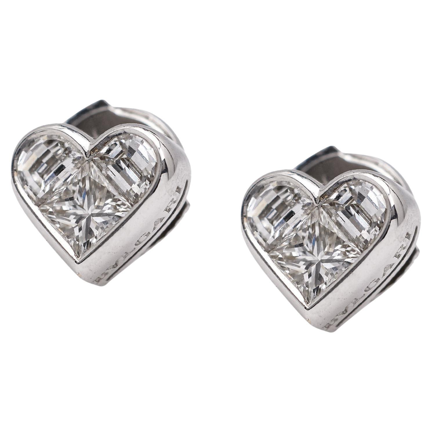Bvlgari Italy Diamond 18k White Gold Invisible Set Heart Stud Earrings