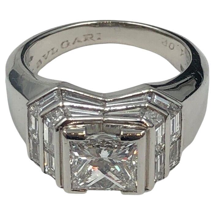 BVLGARI ITALY Monture Platinum & Princess Cut / Baguette Cut Diamond Ring Rare