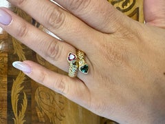 BVLGARI ITALY Spiga Collection 18k YG, Pink & Green Tourmaline Heart Bypass Ring