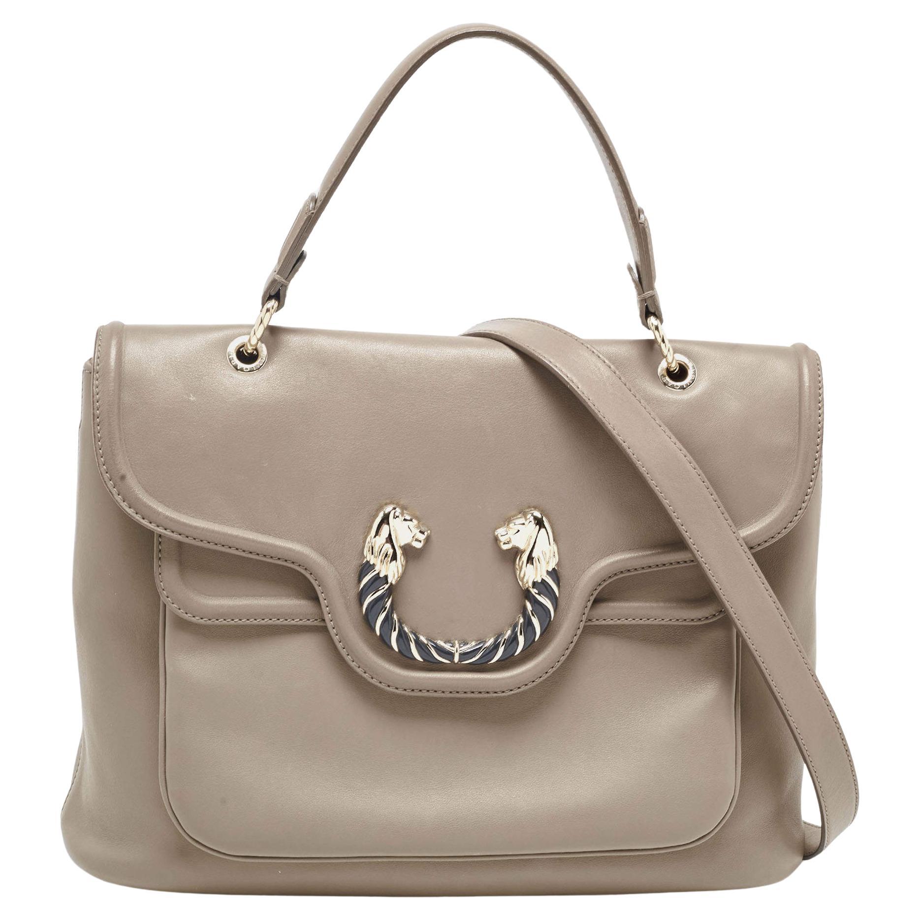 Bvlgari Khaki Green Leather Leoni Top Handle Bag